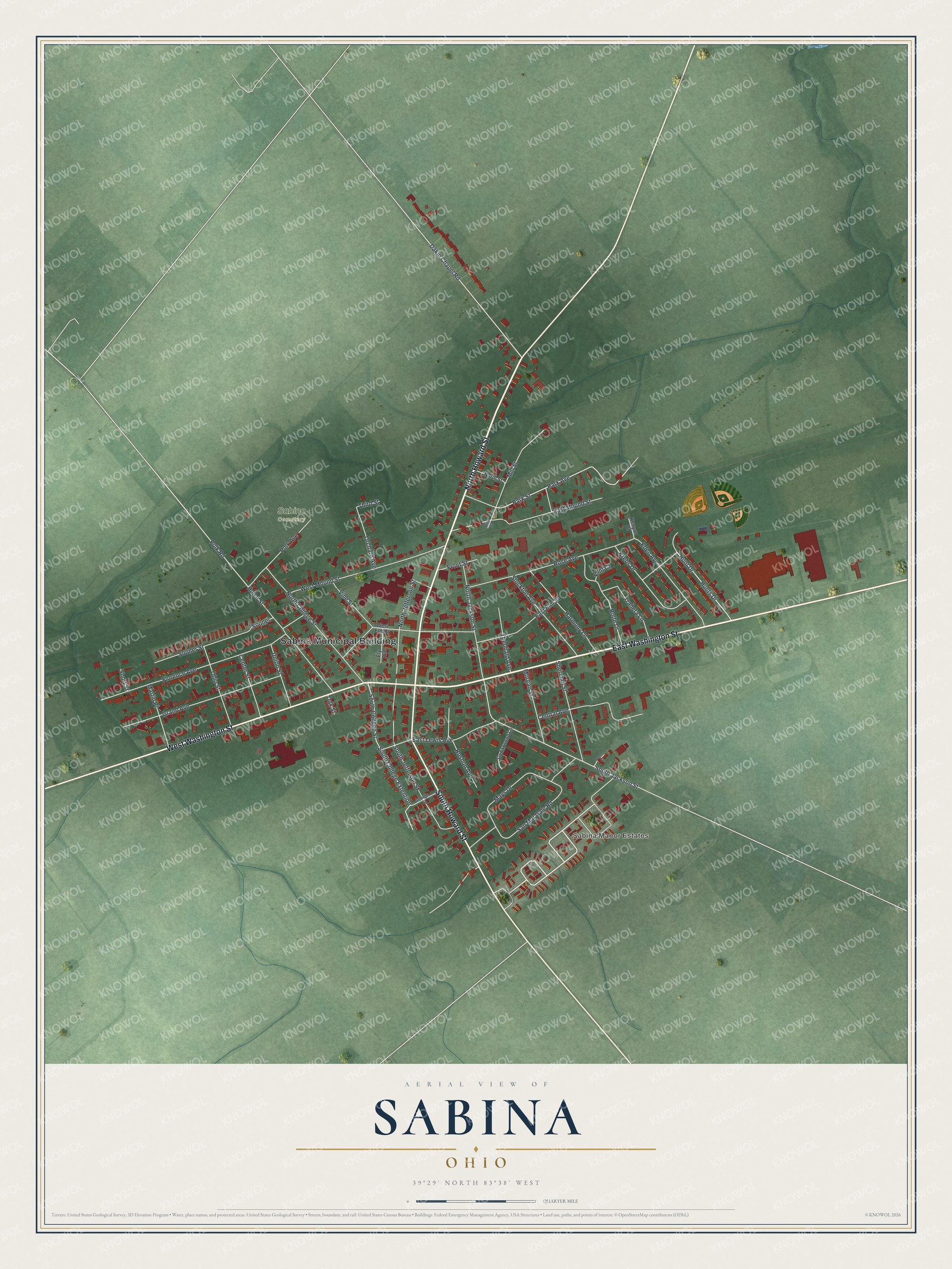 Aerial map of Sabina, Ohio with red buildings along Washington Street and green farm fields reaching to the edges