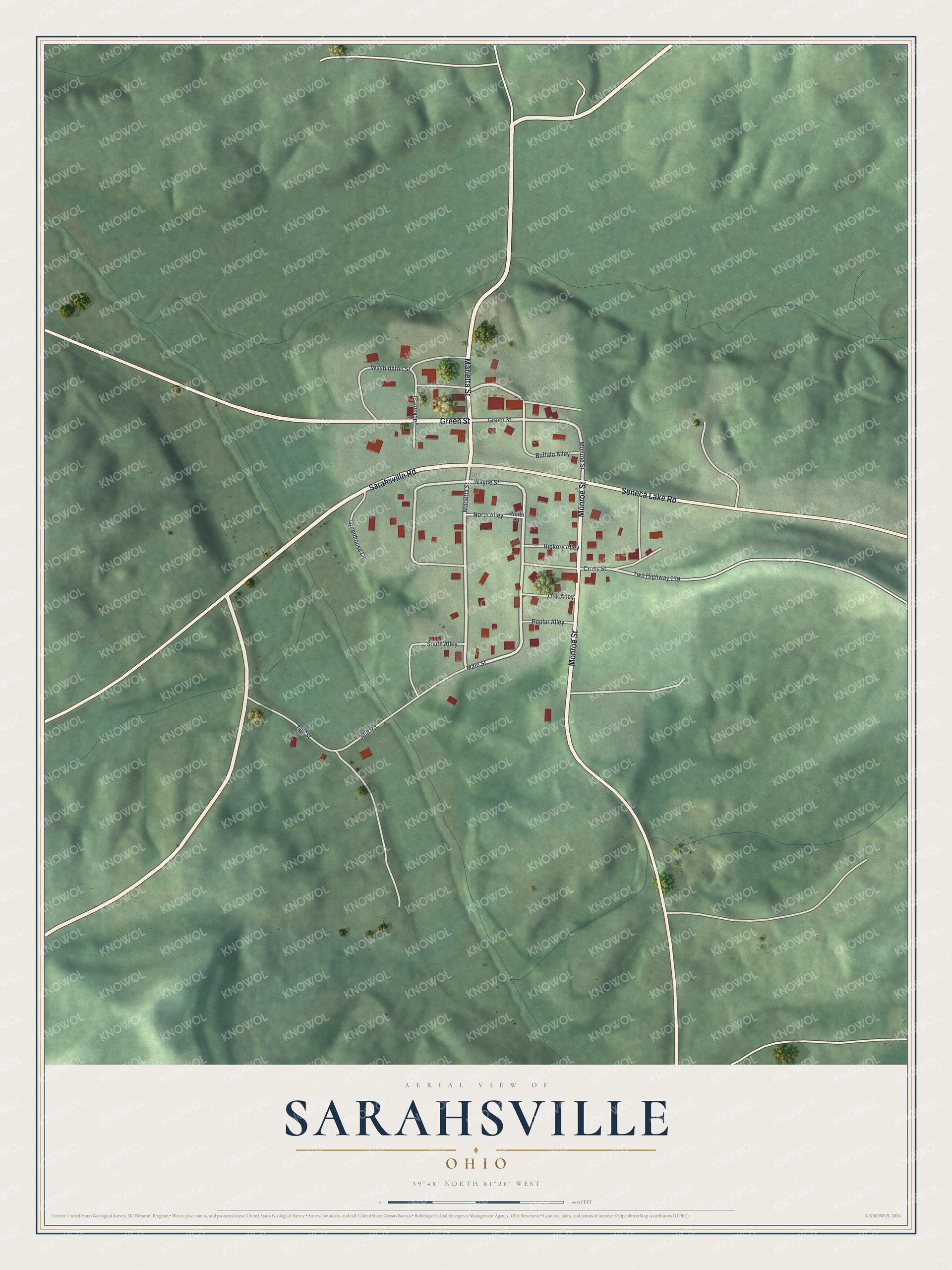 Full map of Sarahsville, Ohio, with red buildings, printed street names and the land around them