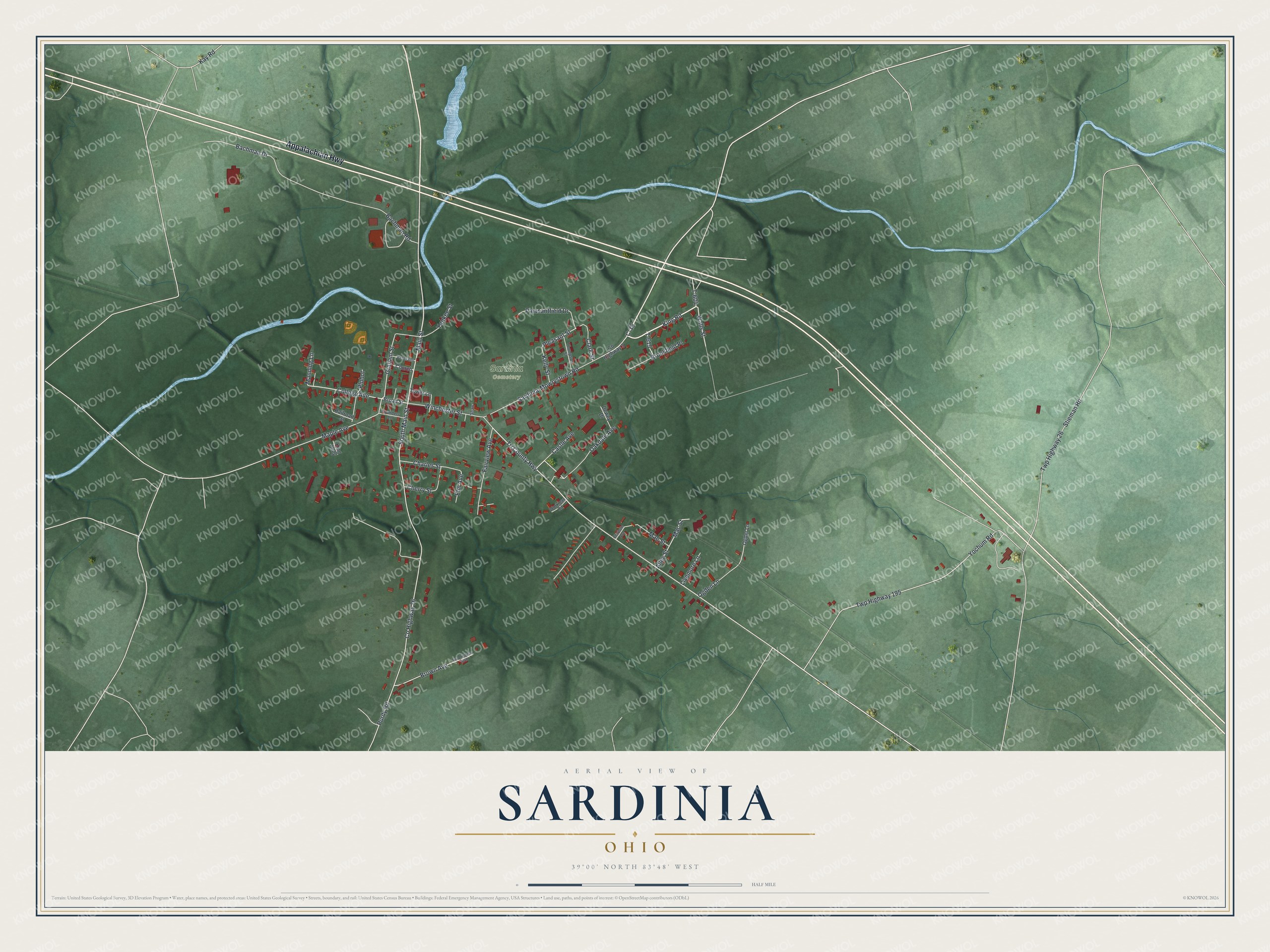 Full map of Sardinia, Ohio, with red buildings, printed street names and the land around them