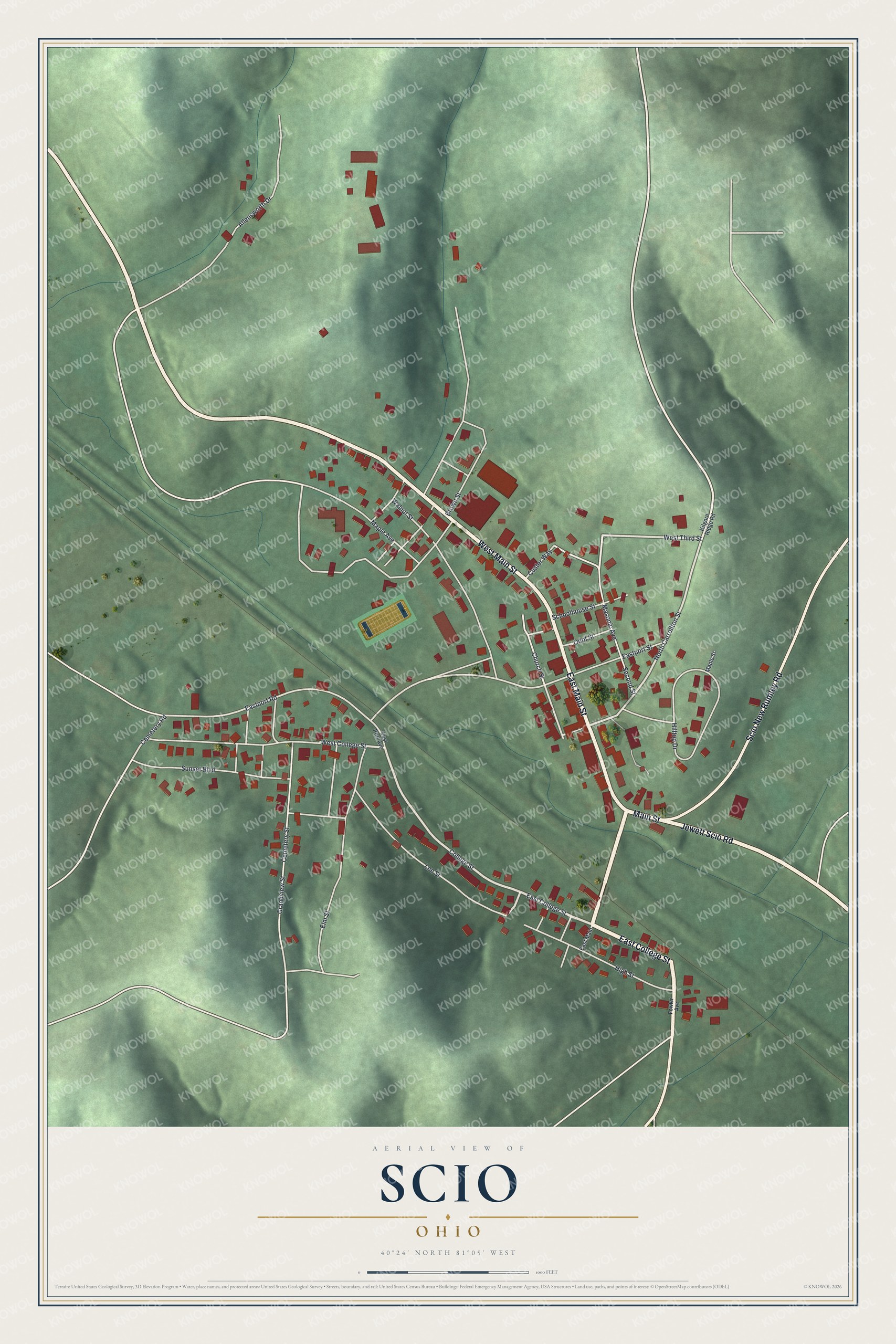 Full map of Scio, Ohio, with red buildings, printed street names and the land around them