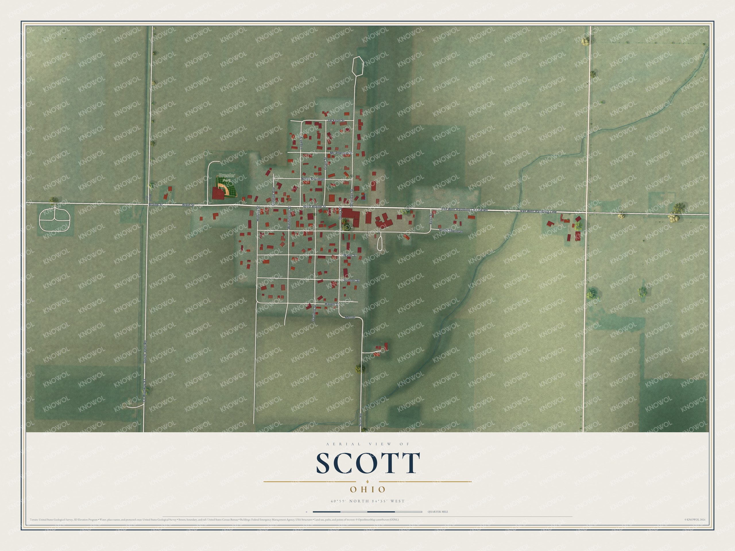 Full map of Scott, Ohio, with red buildings, printed street names and the land around them