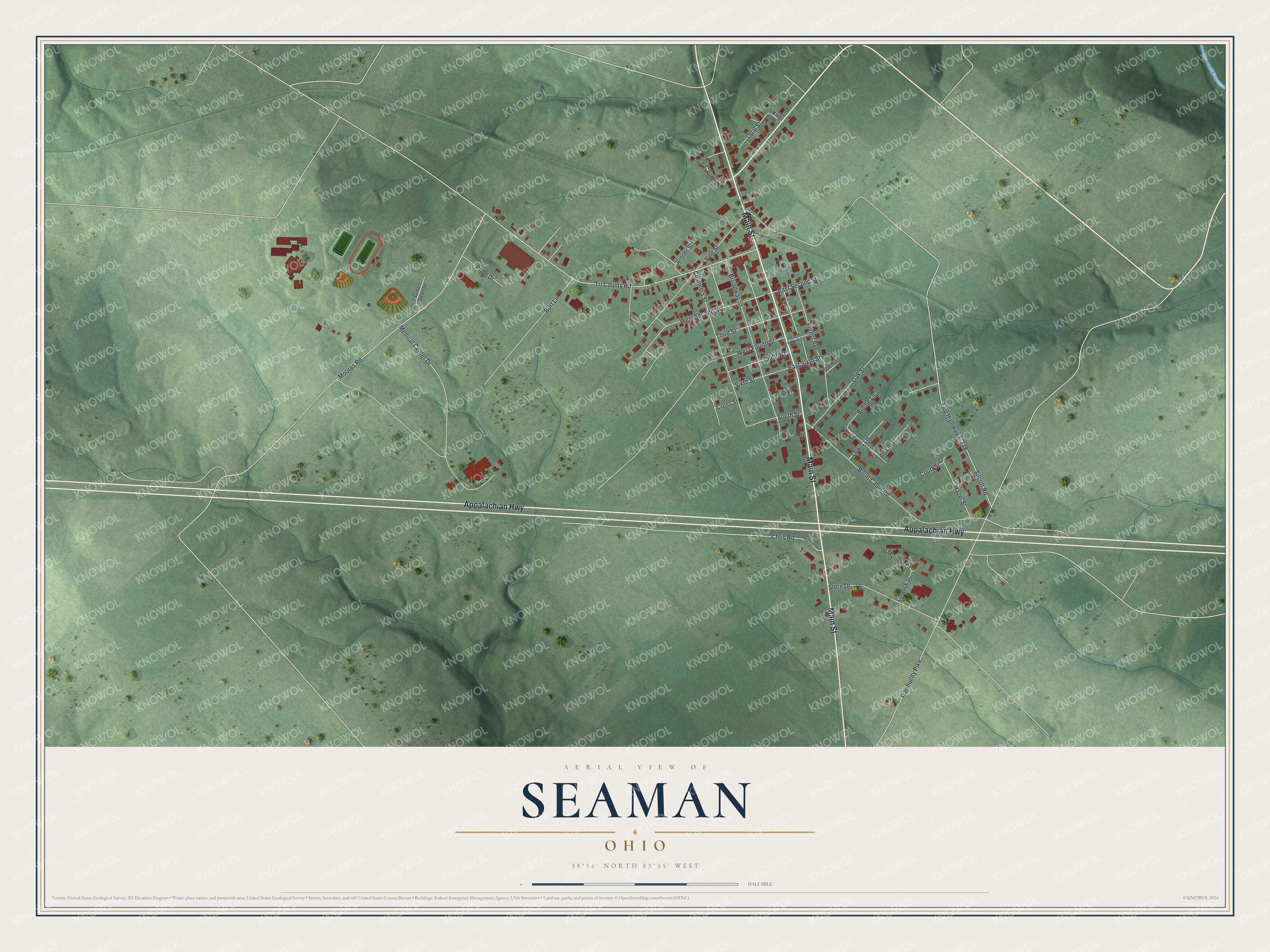 Full map of Seaman, Ohio, with red buildings, printed street names and the land around them