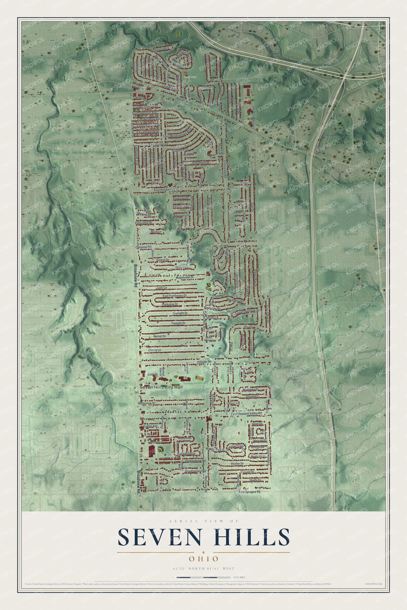 Full map of Seven Hills, Ohio, with red buildings, printed street names and the land around them