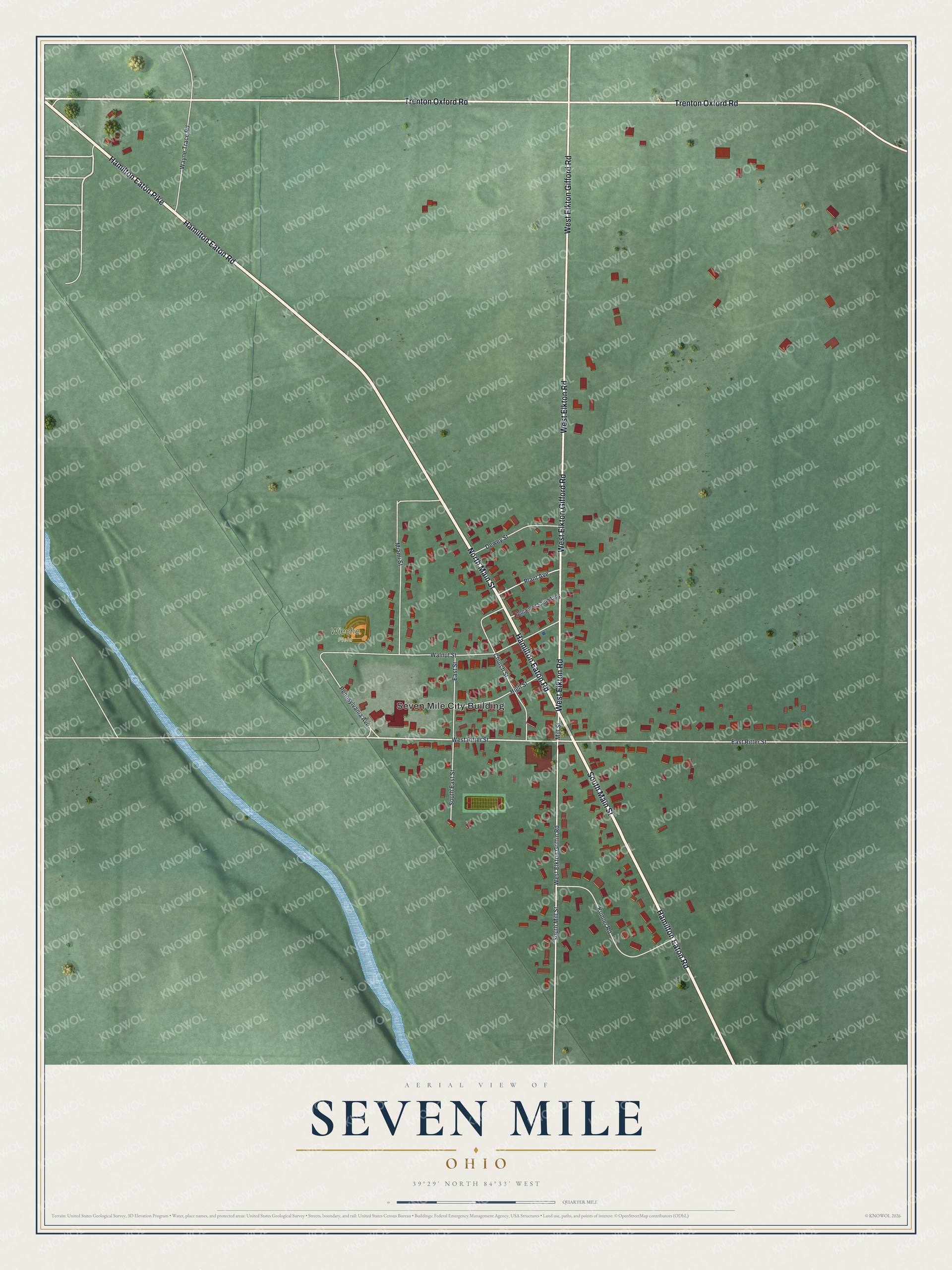 Full map of Seven Mile, Ohio, with red buildings, printed street names and the land around them