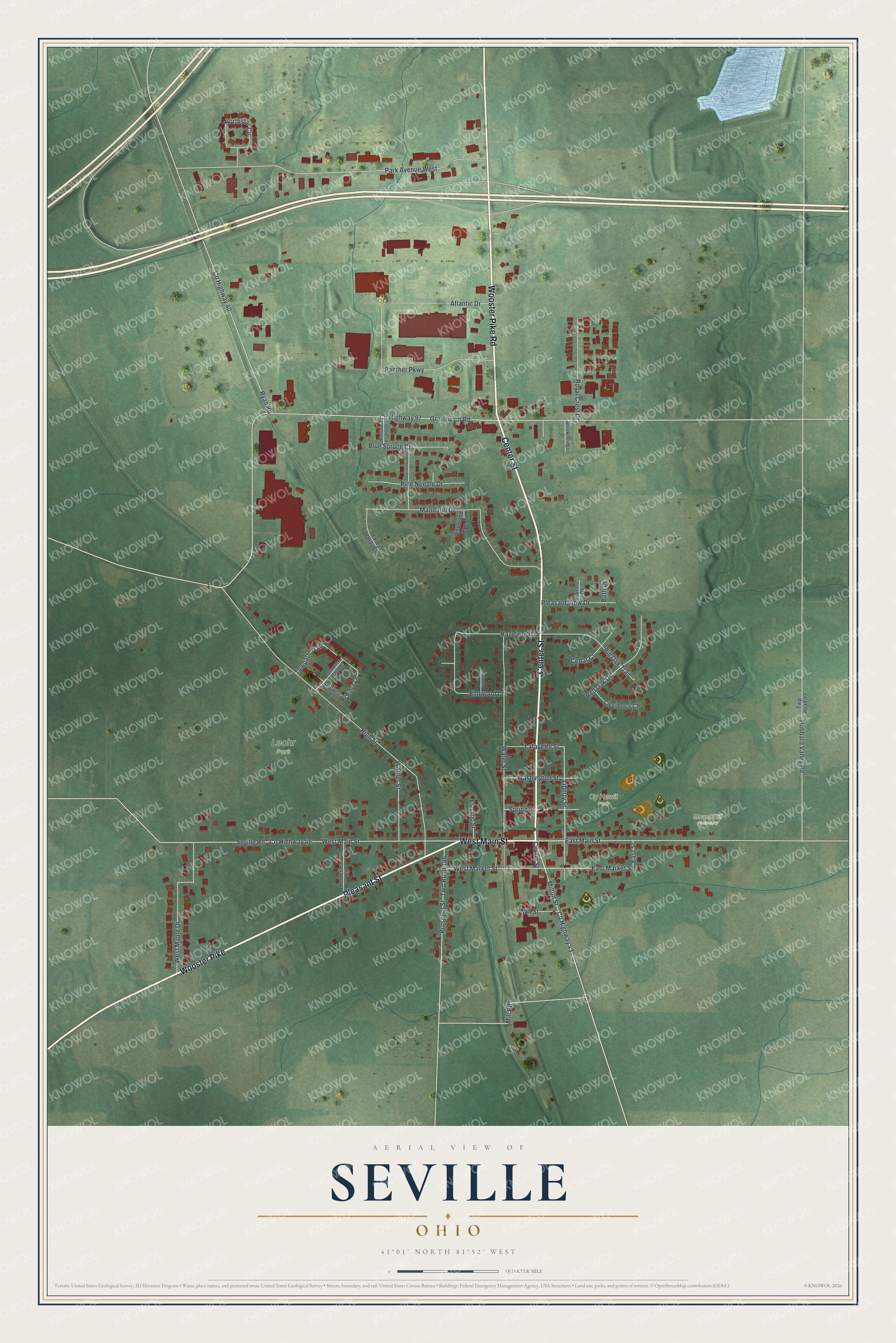 Full map of Seville, Ohio, with red buildings, printed street names and the land around them