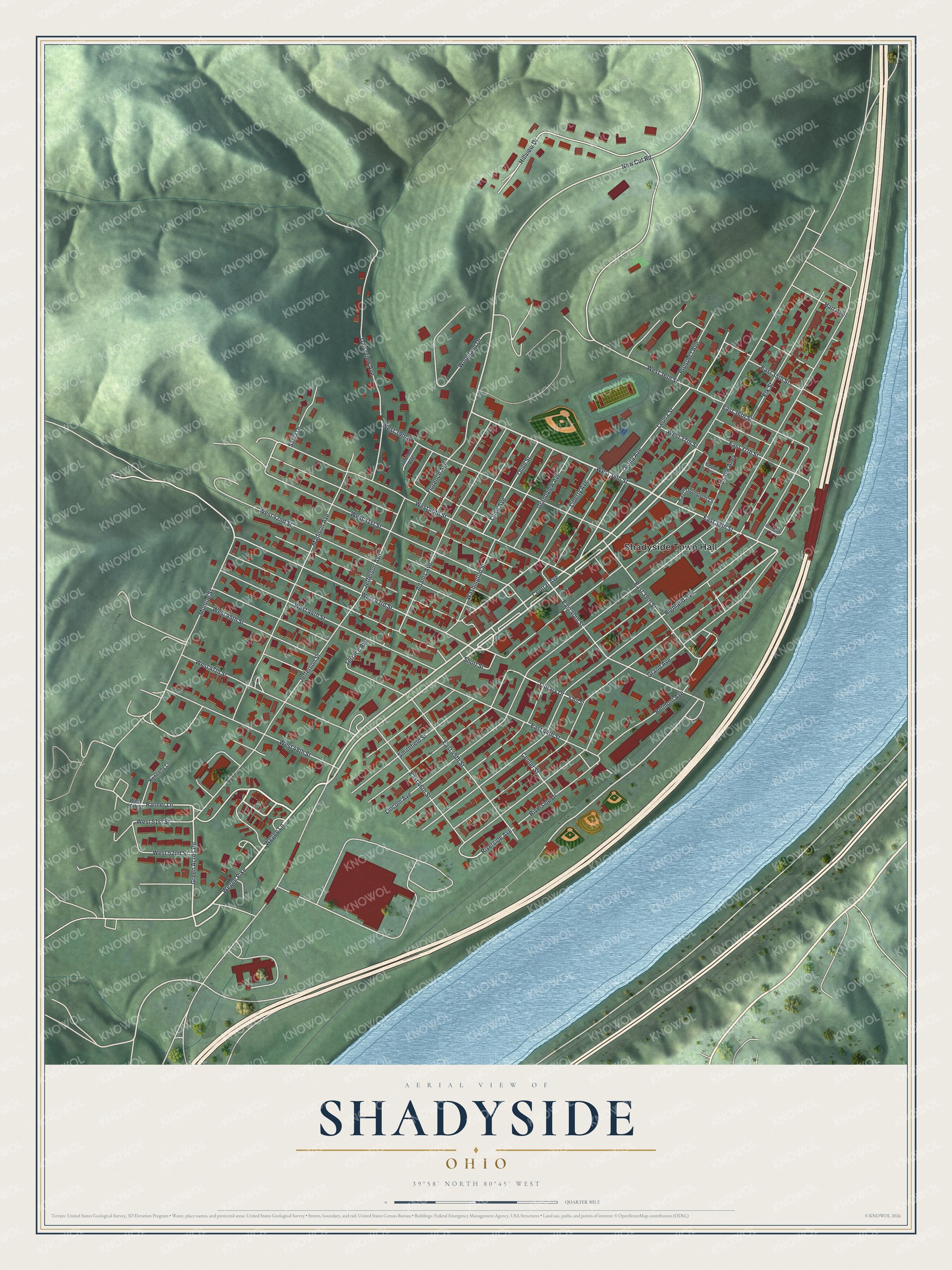 Full map of Shadyside, Ohio, with red buildings, printed street names and the land around them