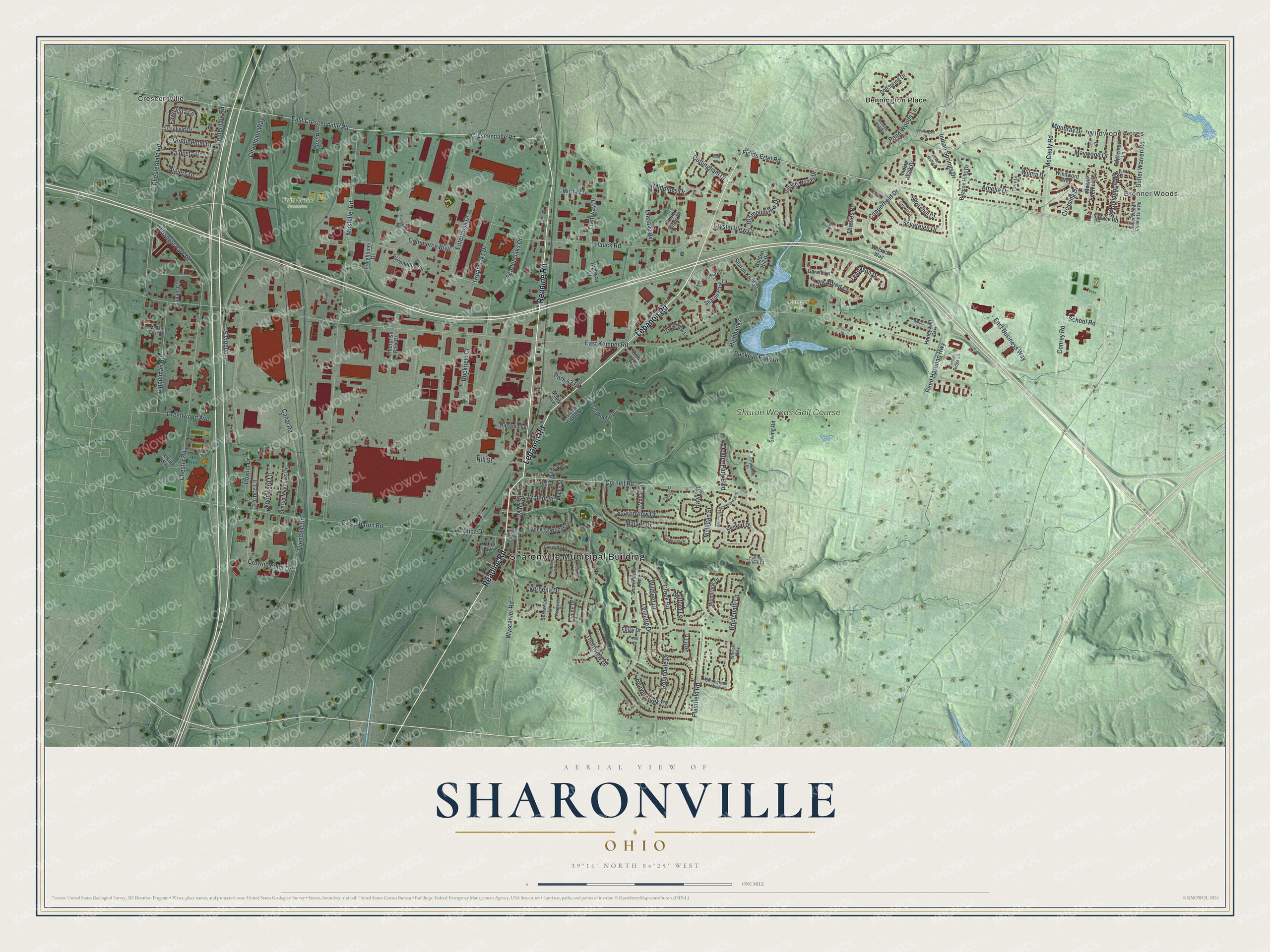 Full map of Sharonville, Ohio, with red buildings, printed street names and the land around them