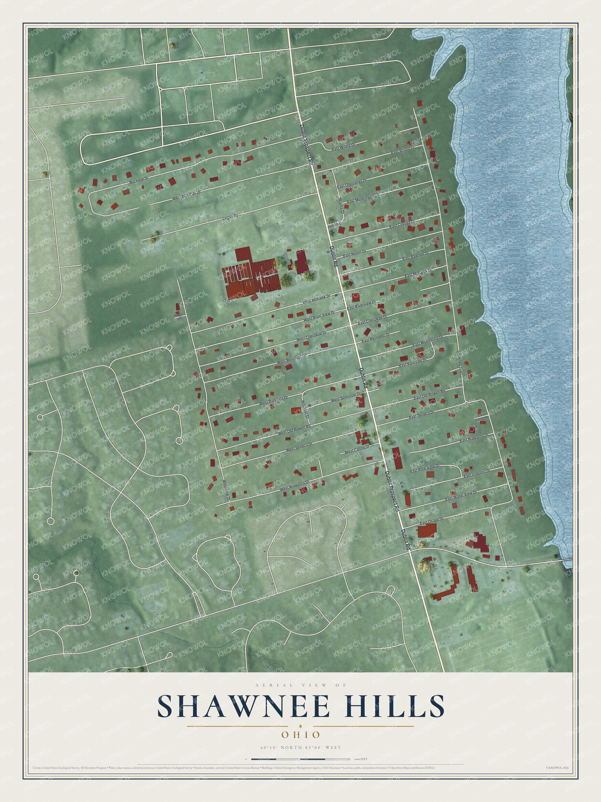 Full map of Shawnee Hills, Ohio, with red buildings, printed street names and the land around them
