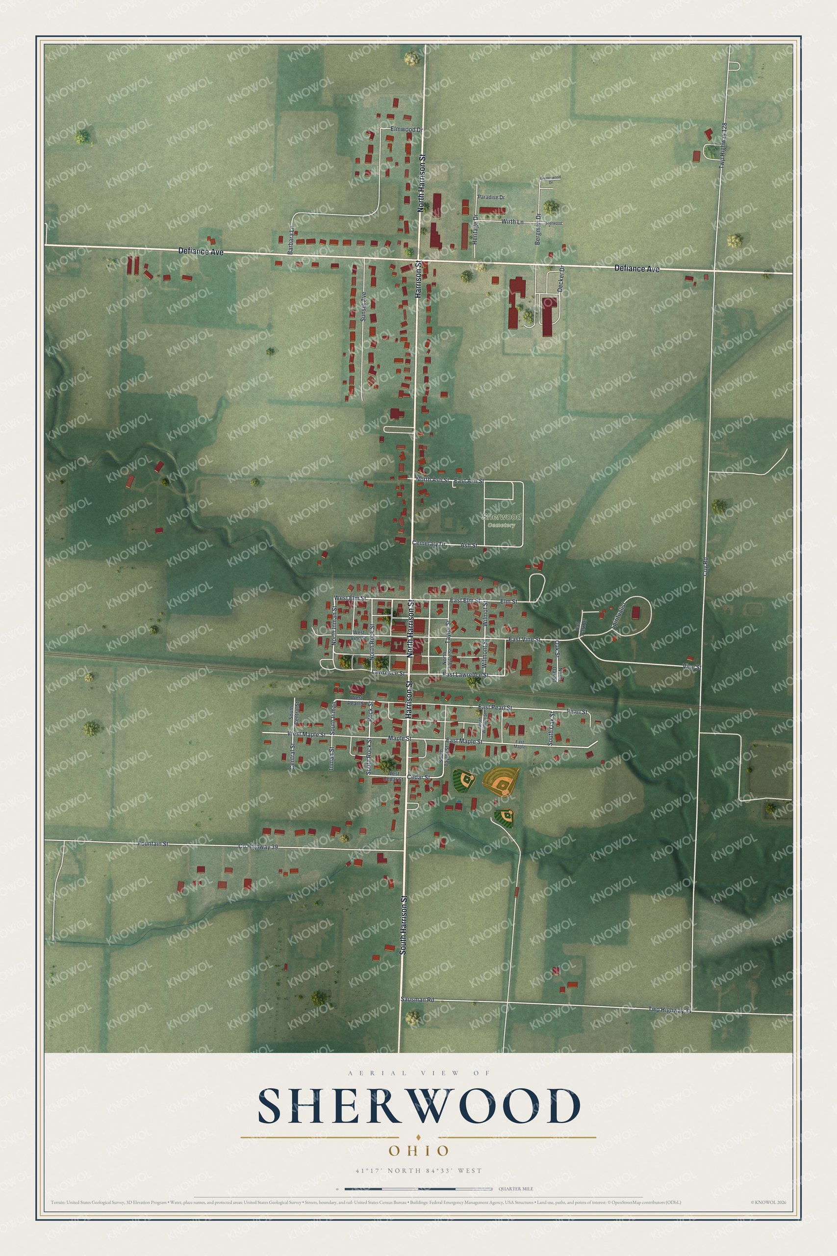Full map of Sherwood, Ohio, with red buildings, printed street names and the land around them