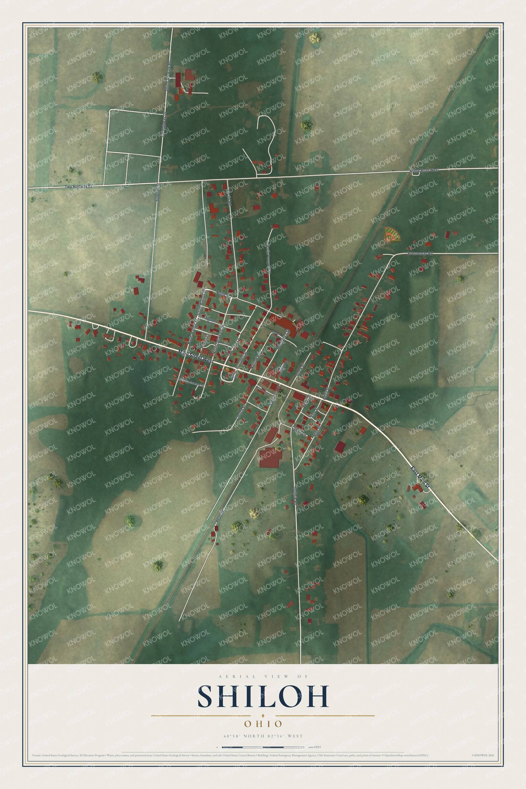 Full map of Shiloh, Ohio, with red buildings, printed street names and the land around them