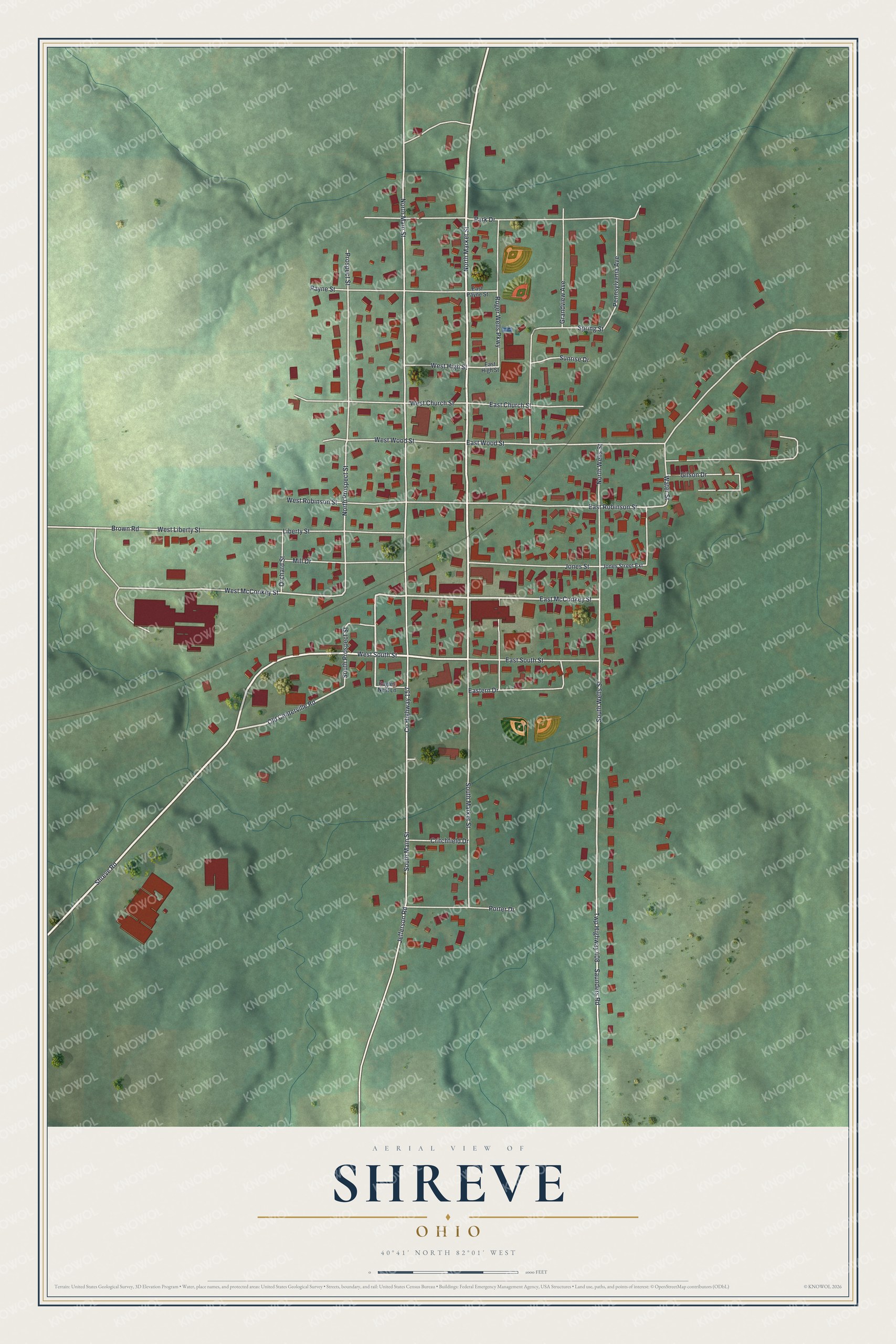 Full map of Shreve, Ohio, with red buildings, printed street names and the land around them