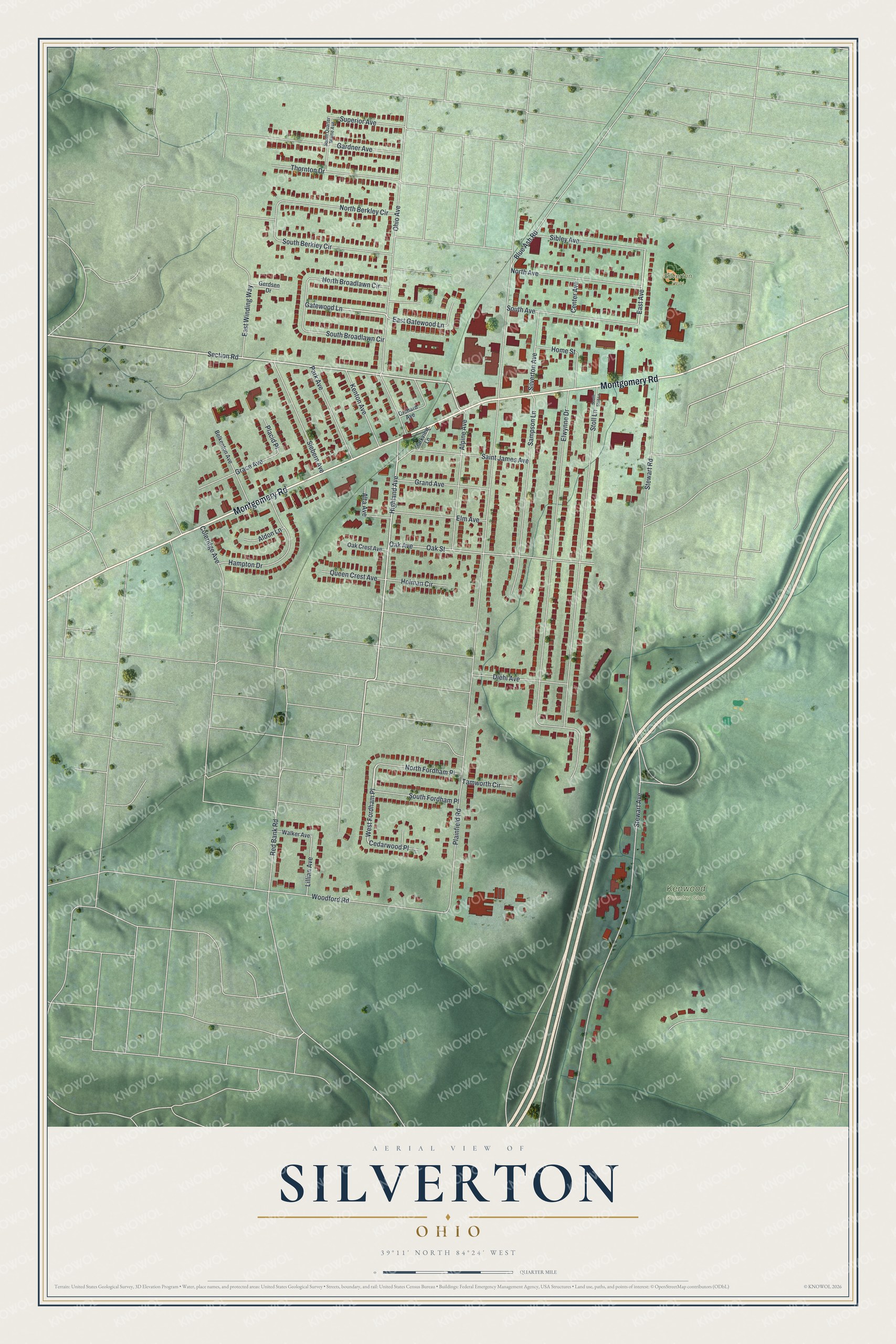 Full map of Silverton, Ohio, with red buildings, printed street names and the land around them