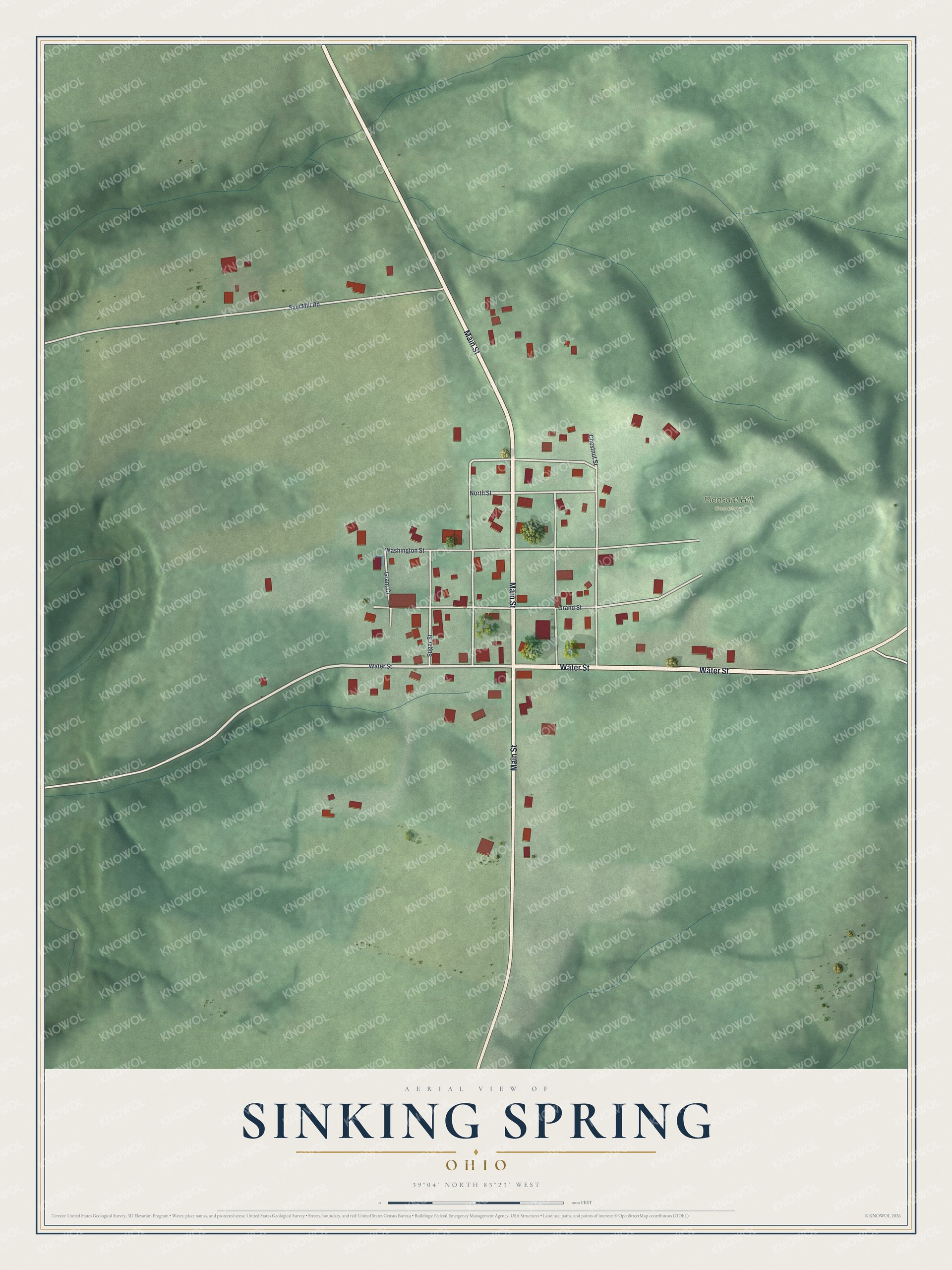 Full map of Sinking Spring, Ohio, with red buildings, printed street names and the land around them