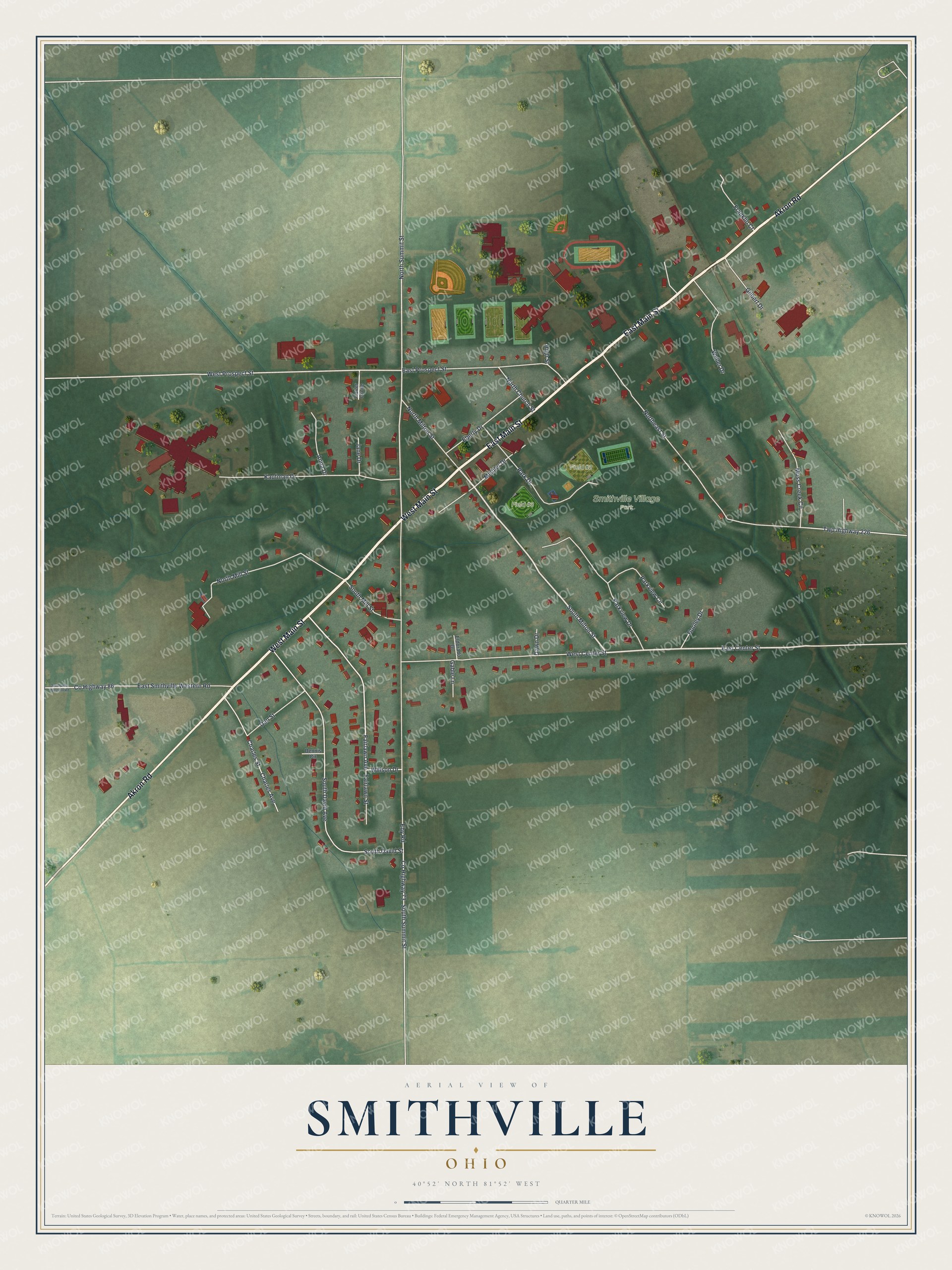 Full map of Smithville, Ohio, with red buildings, printed street names and the land around them