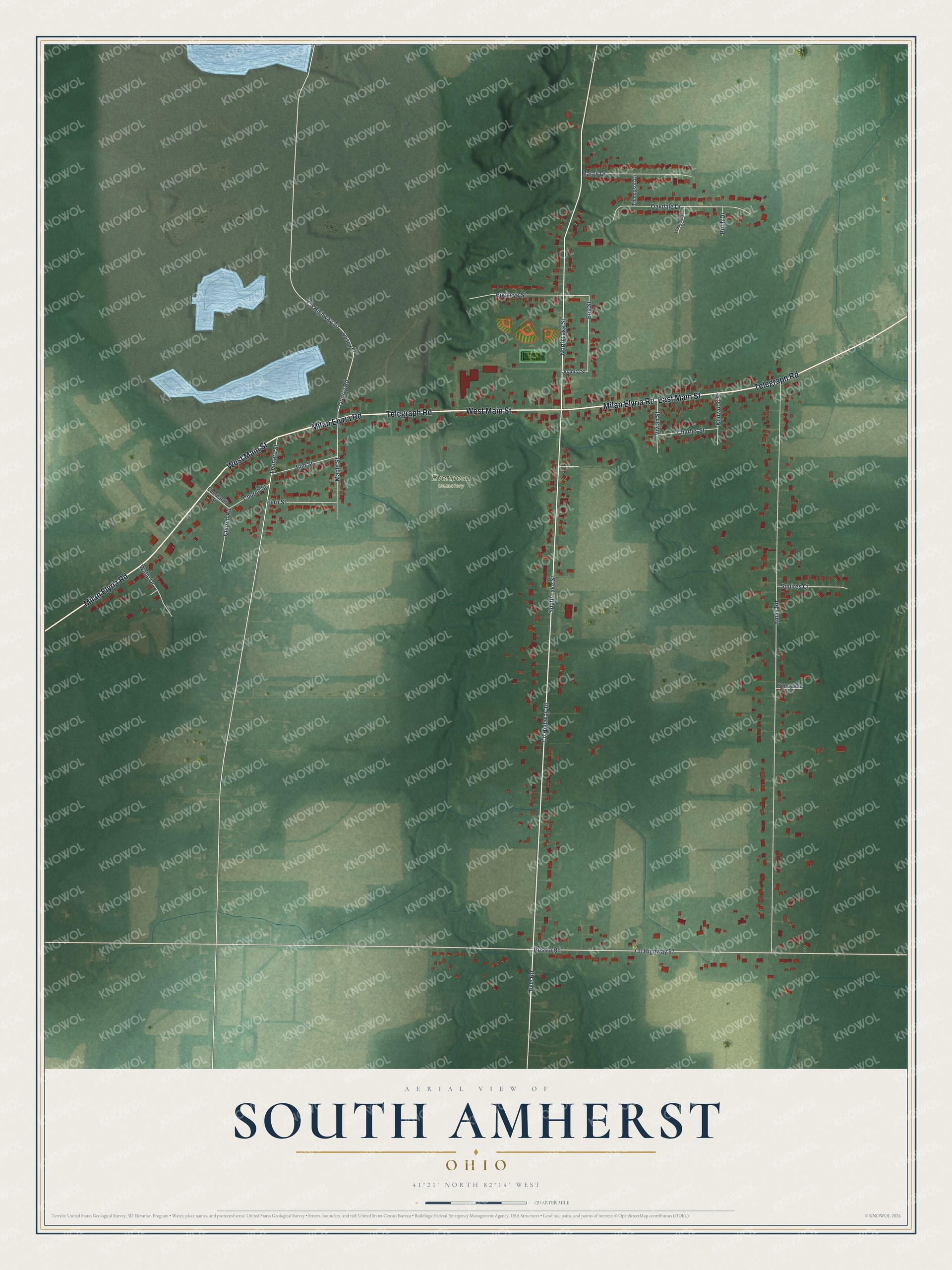 Full map of South Amherst, Ohio, with red buildings, printed street names and the land around them