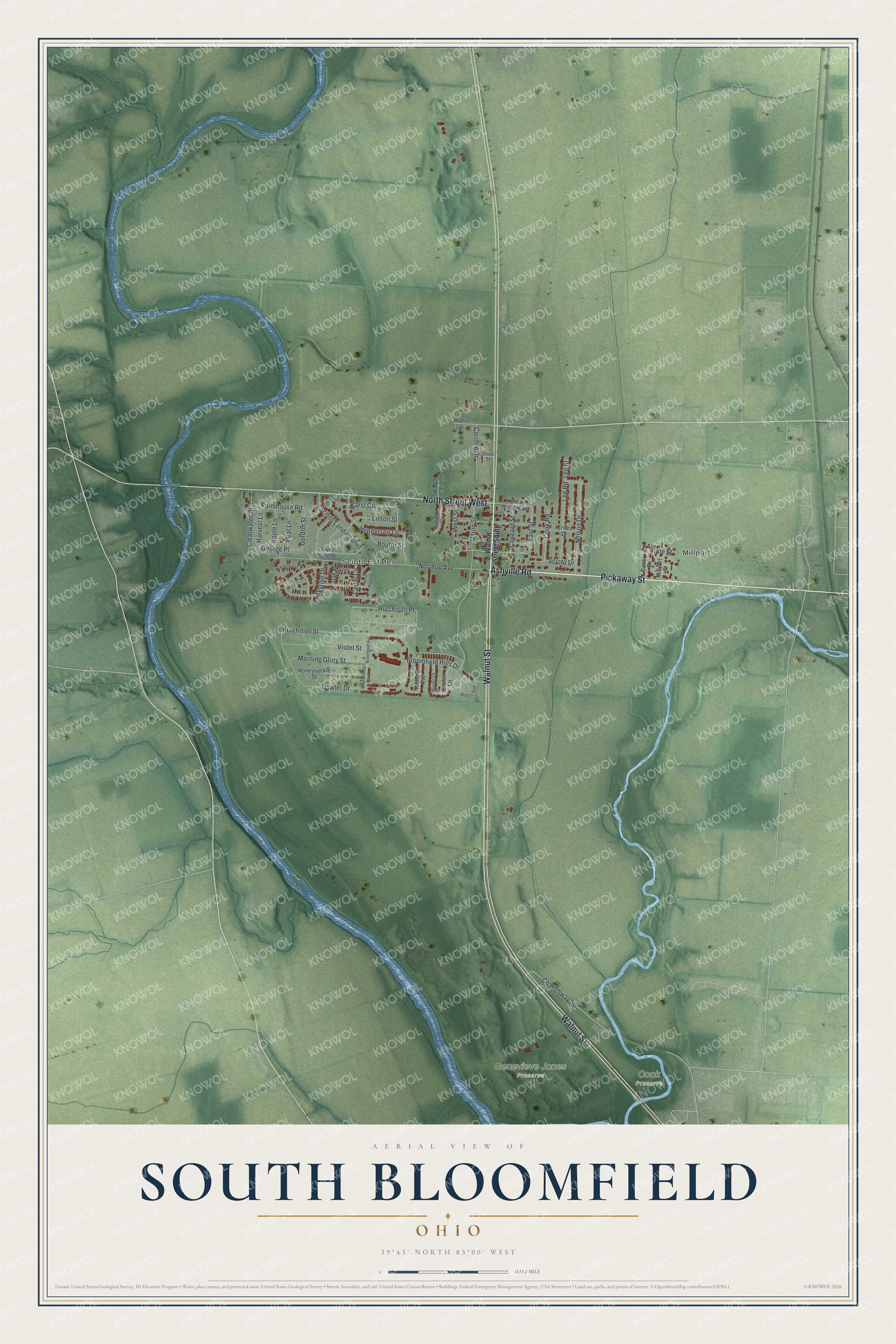 Full map of South Bloomfield, Ohio, with red buildings, printed street names and the land around them