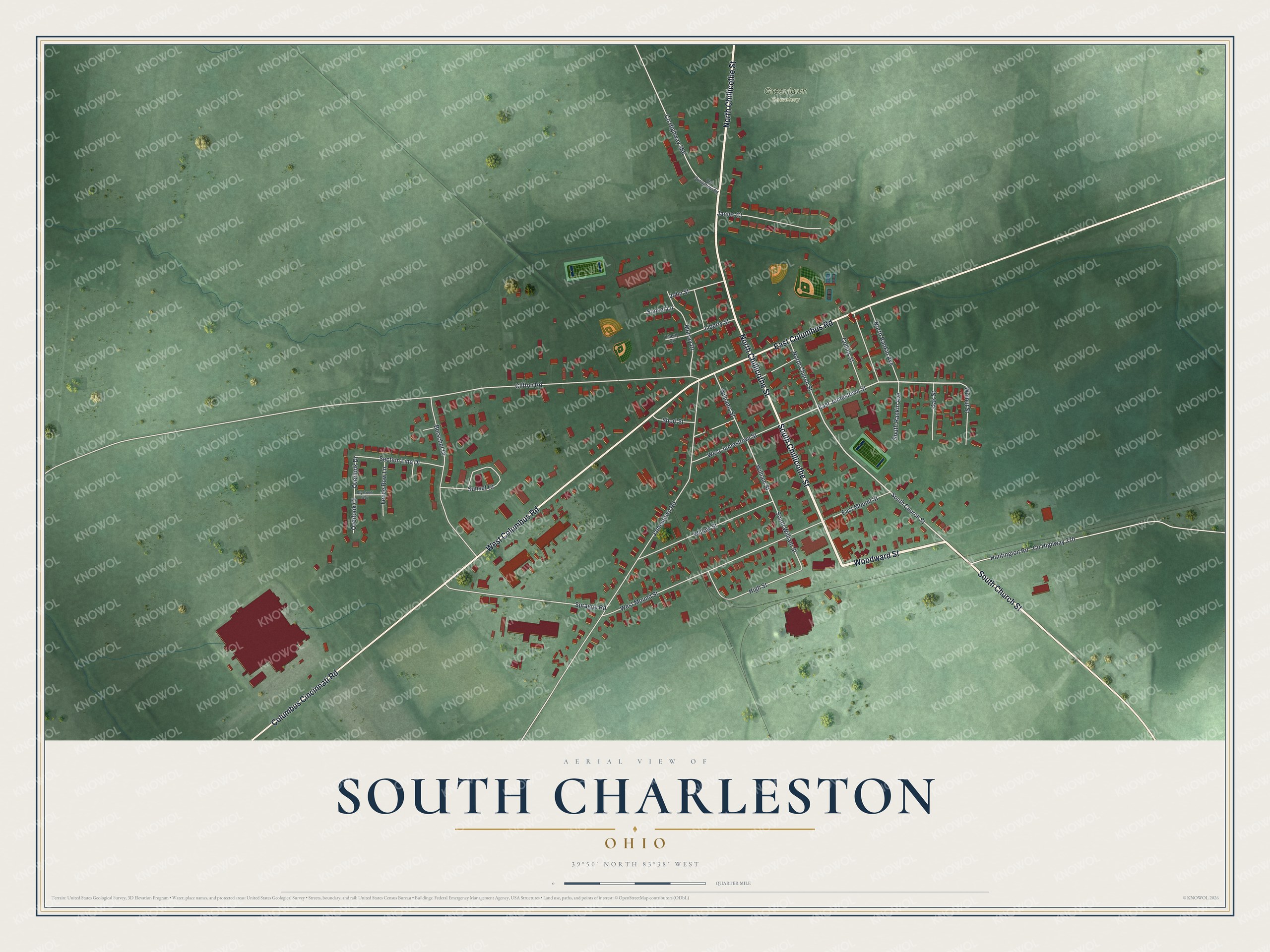 Full map of South Charleston, Ohio, with red buildings, printed street names and the land around them