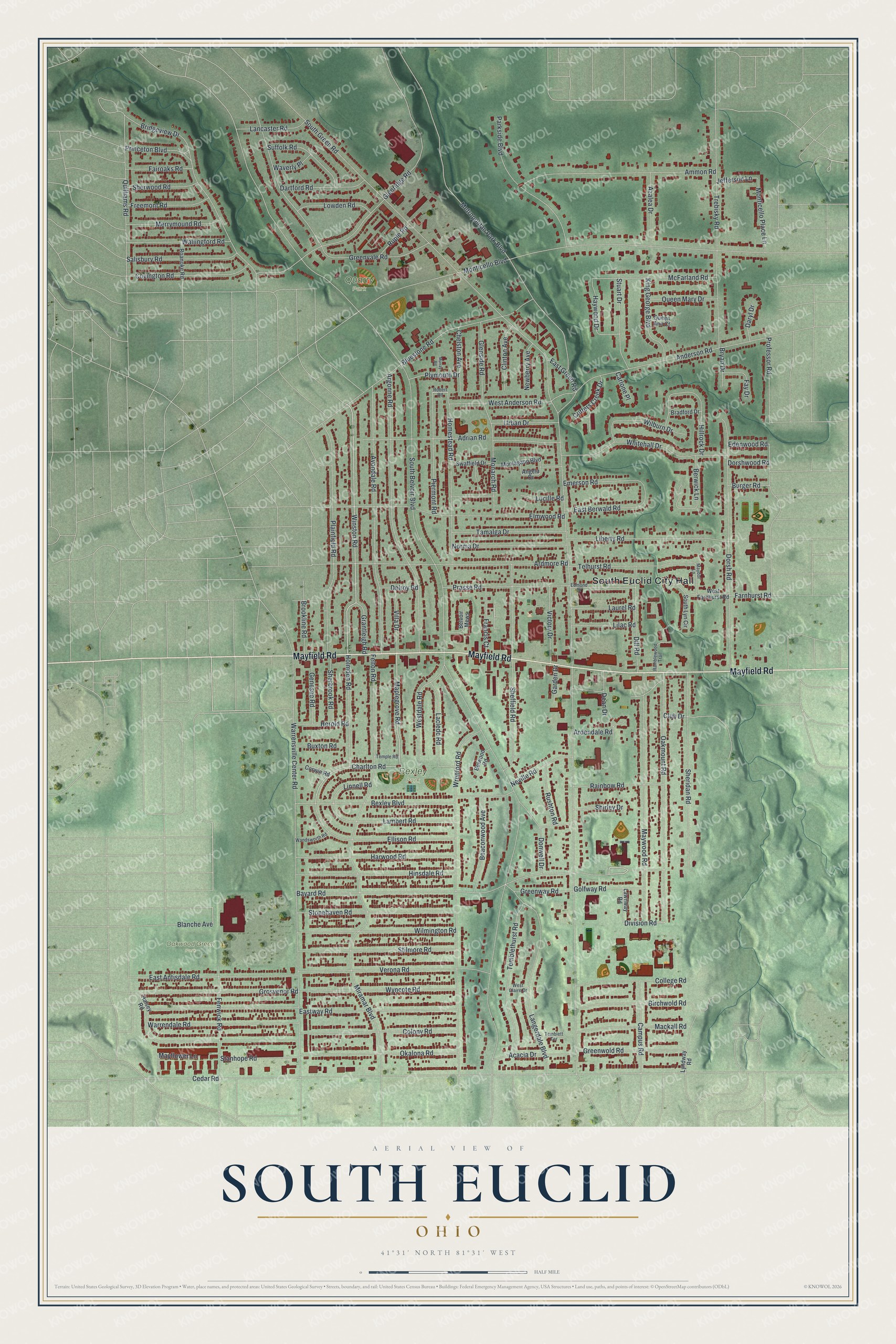 Full map of South Euclid, Ohio, with red buildings, printed street names and the land around them