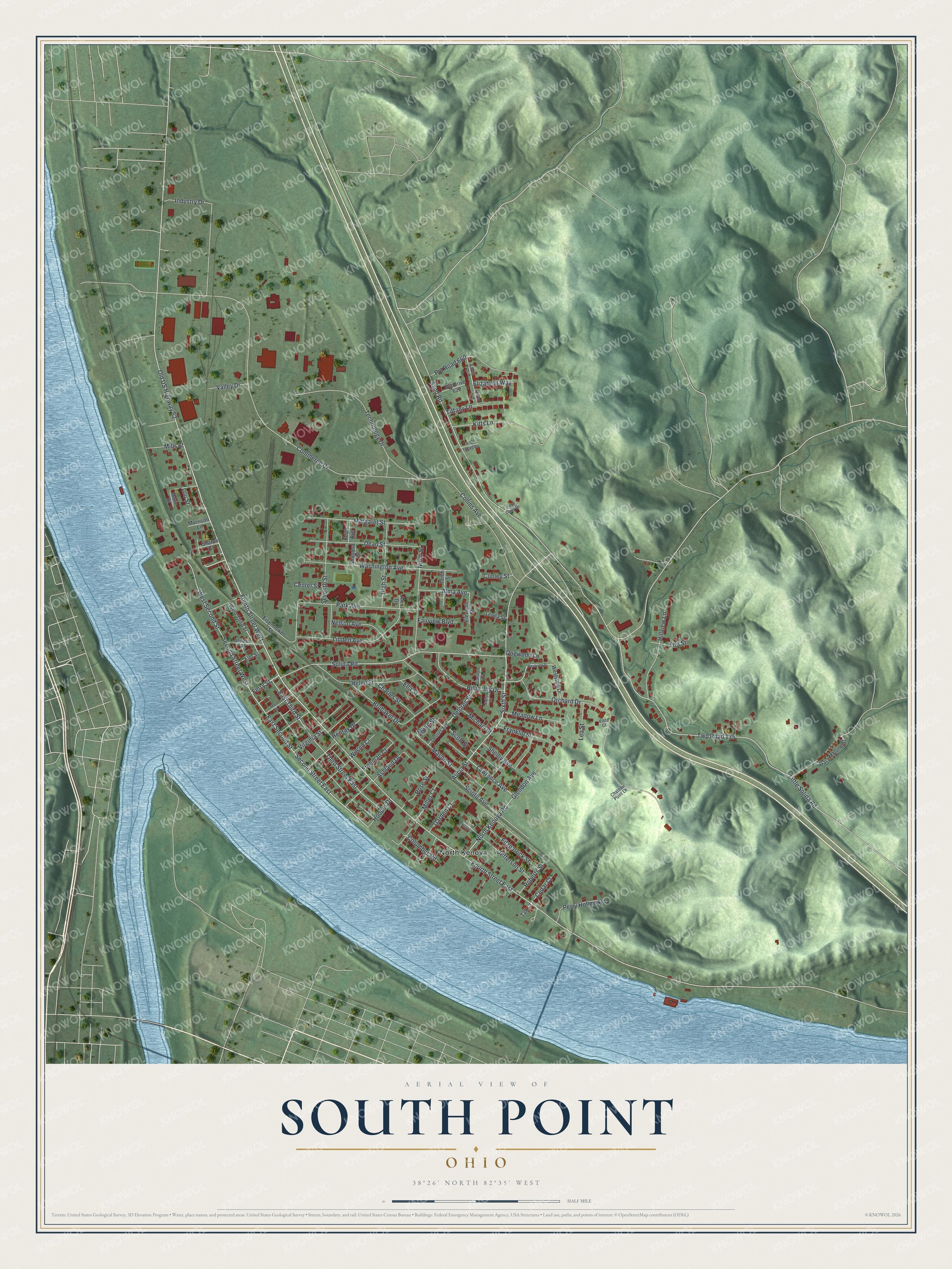 Full map of South Point, Ohio, with red buildings, printed street names and the land around them