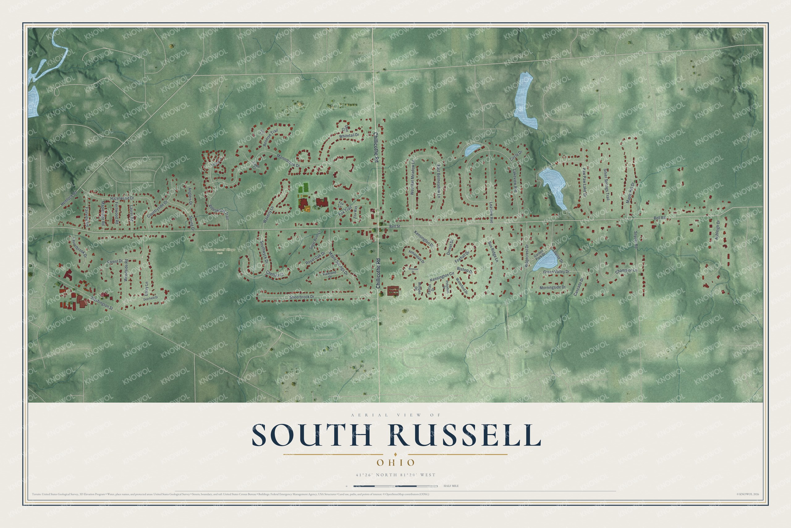 Full map of South Russell, Ohio, with red buildings, printed street names and the land around them