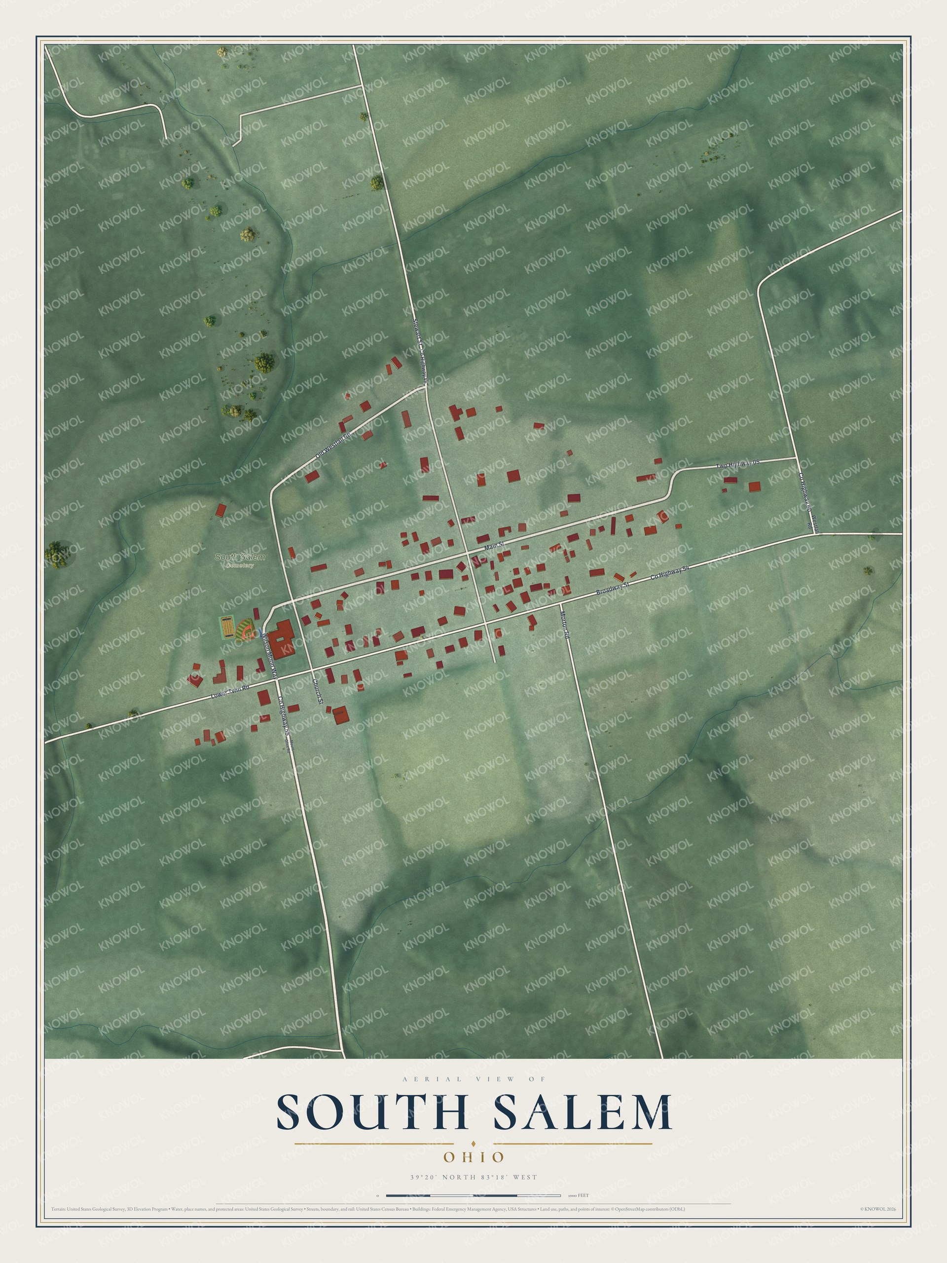 Full map of South Salem, Ohio, with red buildings, printed street names and the land around them