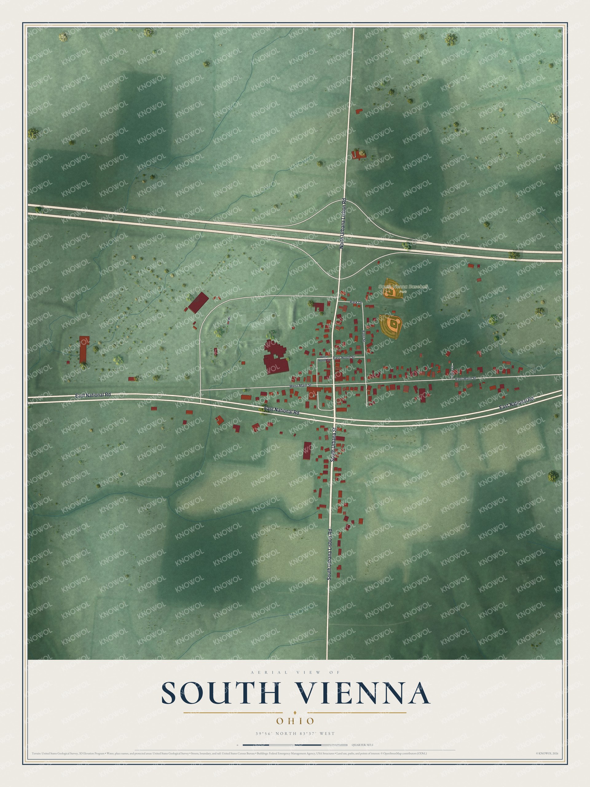 Full map of South Vienna, Ohio, with red buildings, printed street names and the land around them