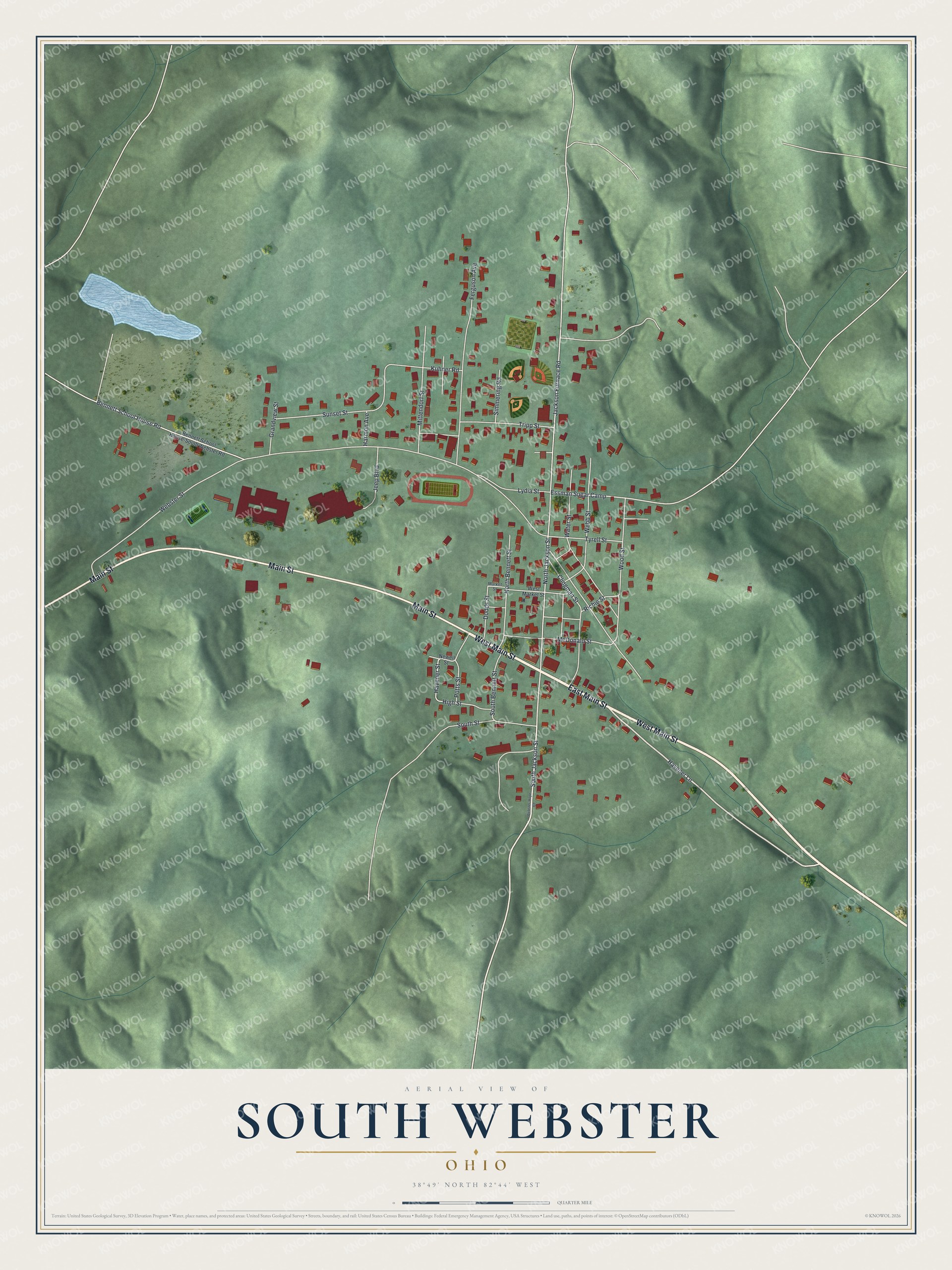 Full map of South Webster, Ohio, with red buildings, printed street names and the land around them