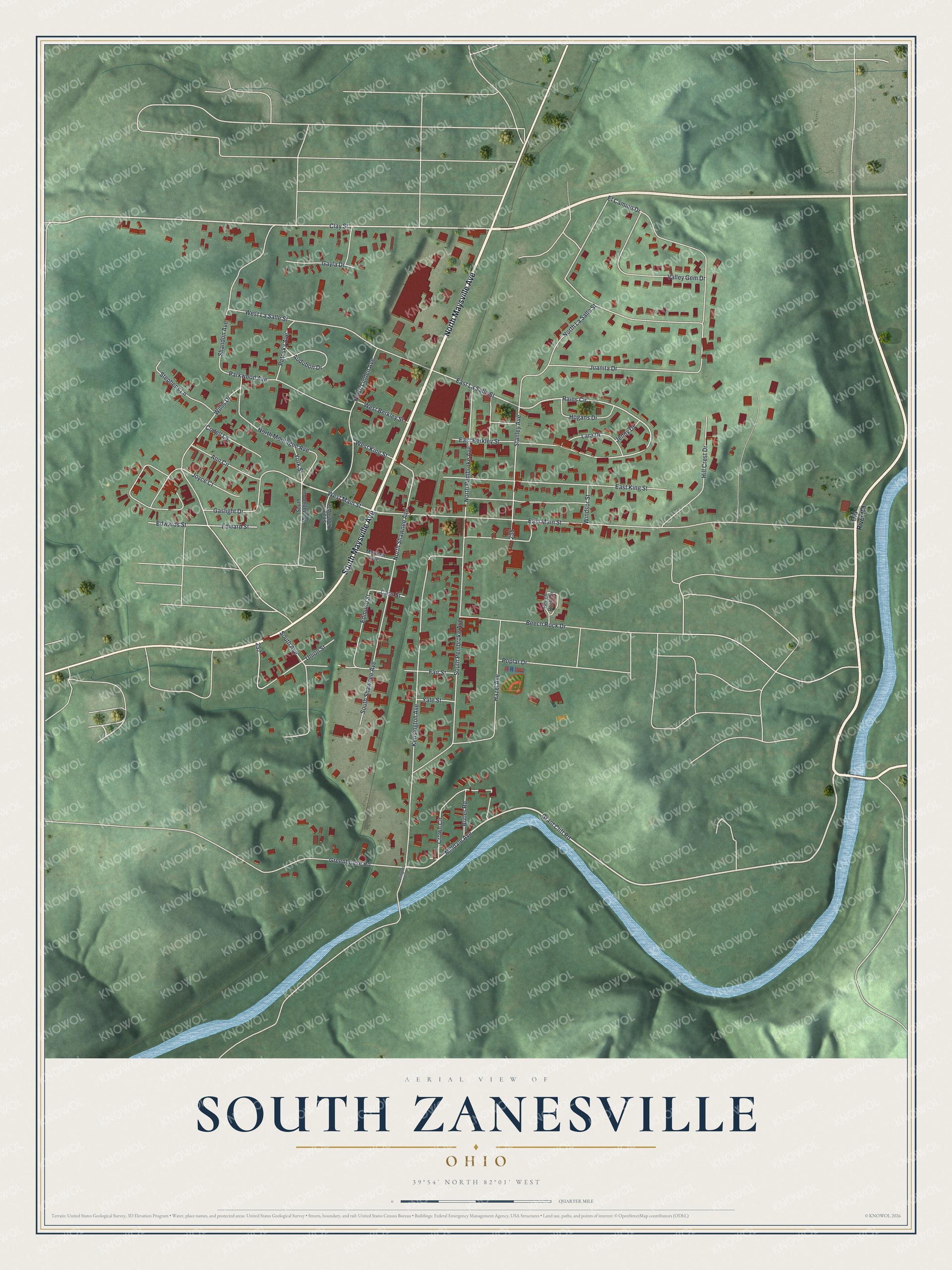 Full map of South Zanesville, Ohio, with red buildings, printed street names and the land around them