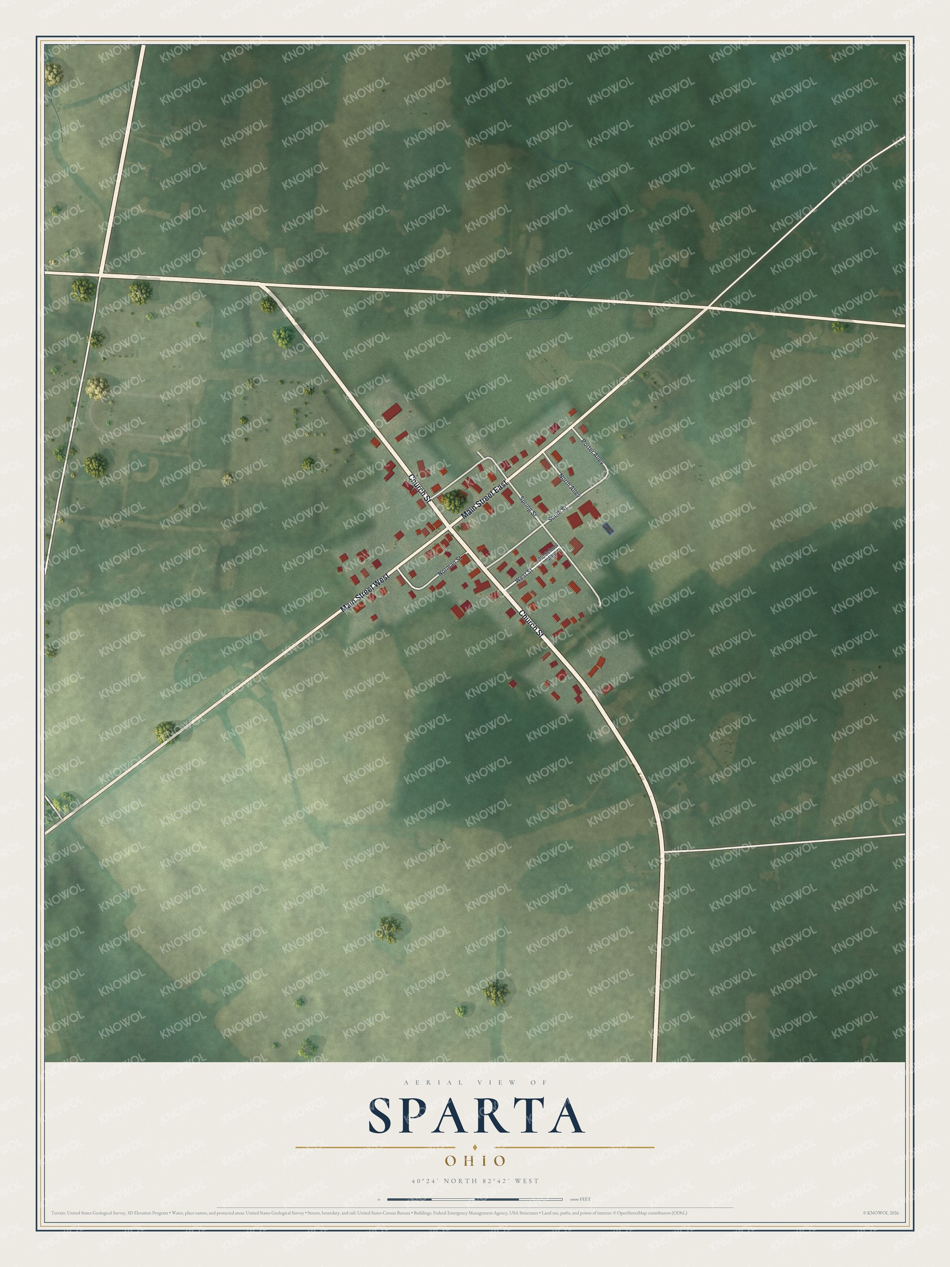 Full map of Sparta, Ohio, with red buildings, printed street names and the land around them