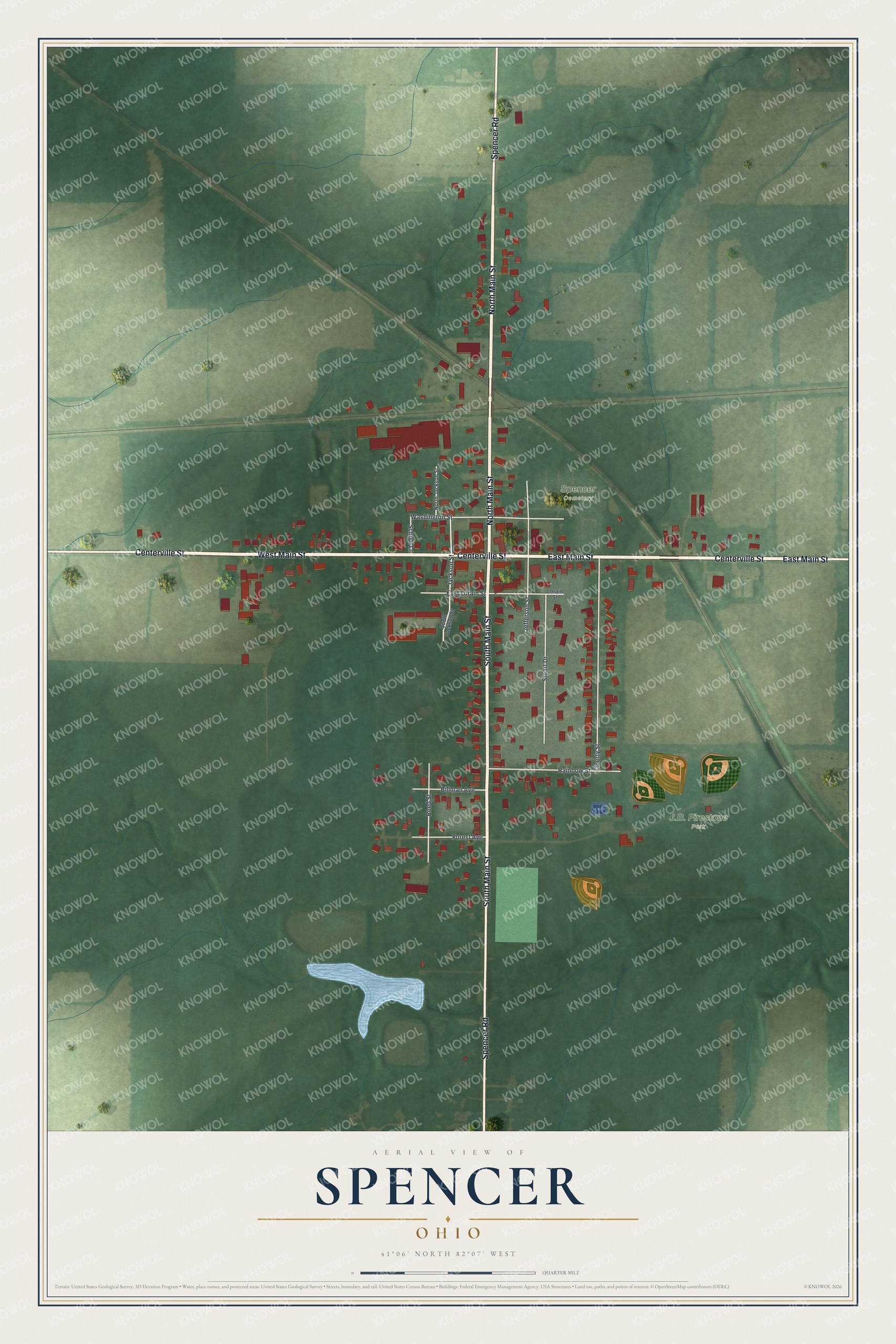 Full map of Spencer, Ohio, with red buildings, printed street names and the land around them