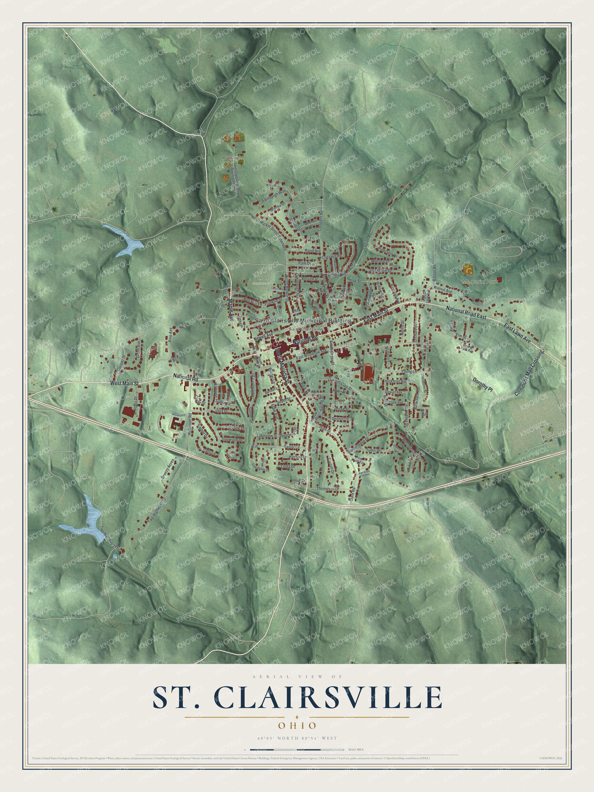 Aerial map of St. Clairsville, Ohio with red buildings along Main Street among green shaded hills and two small blue lakes