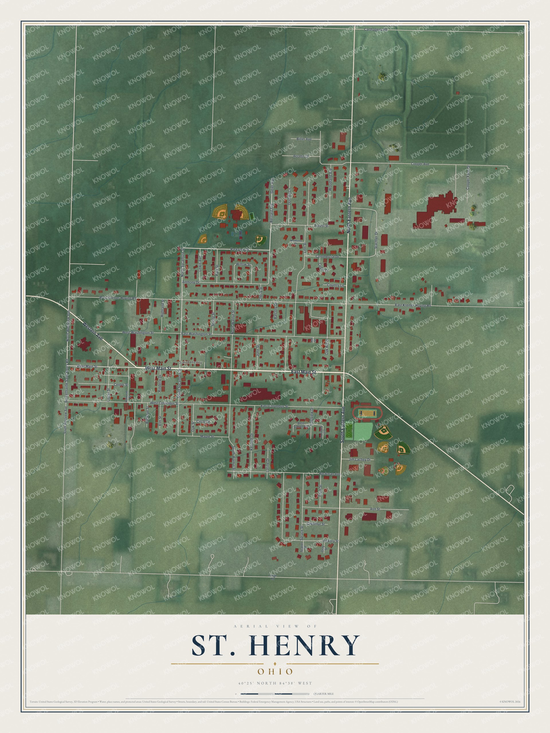 Full map of St. Henry, Ohio, with red buildings, printed street names and the land around them