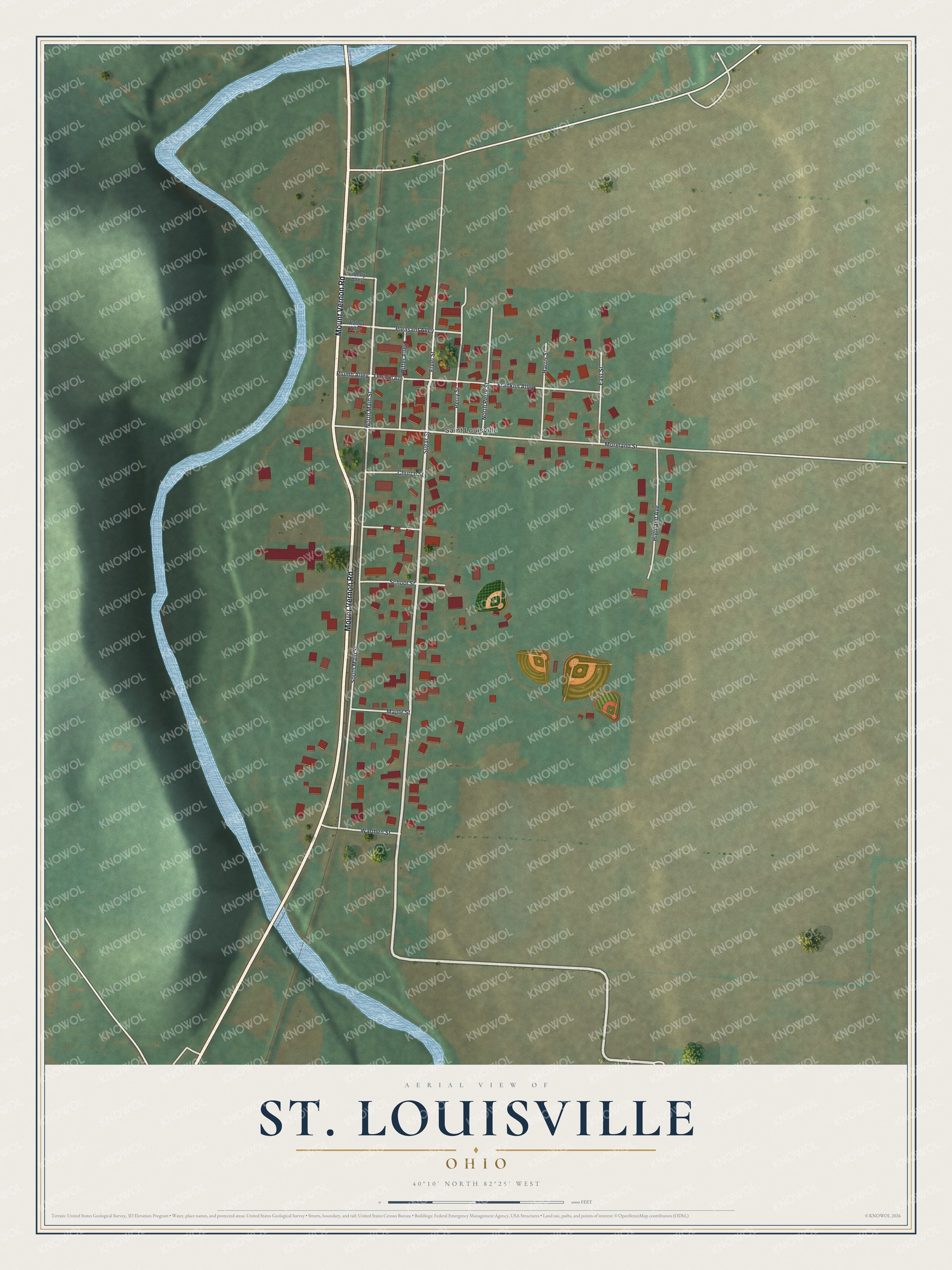 Full map of St. Louisville, Ohio, with red buildings, printed street names and the land around them