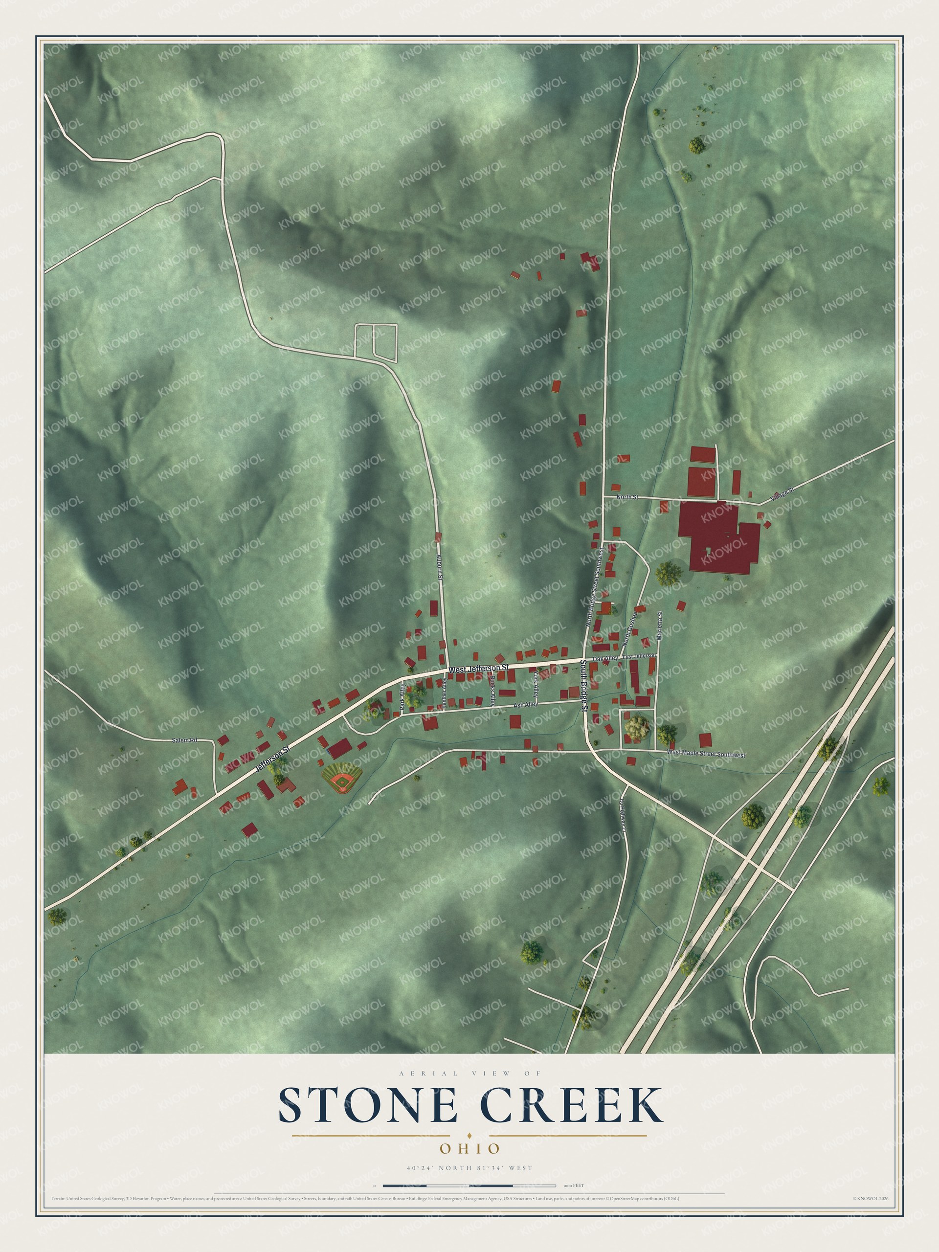 Full map of Stone Creek, Ohio, with red buildings, printed street names and the land around them