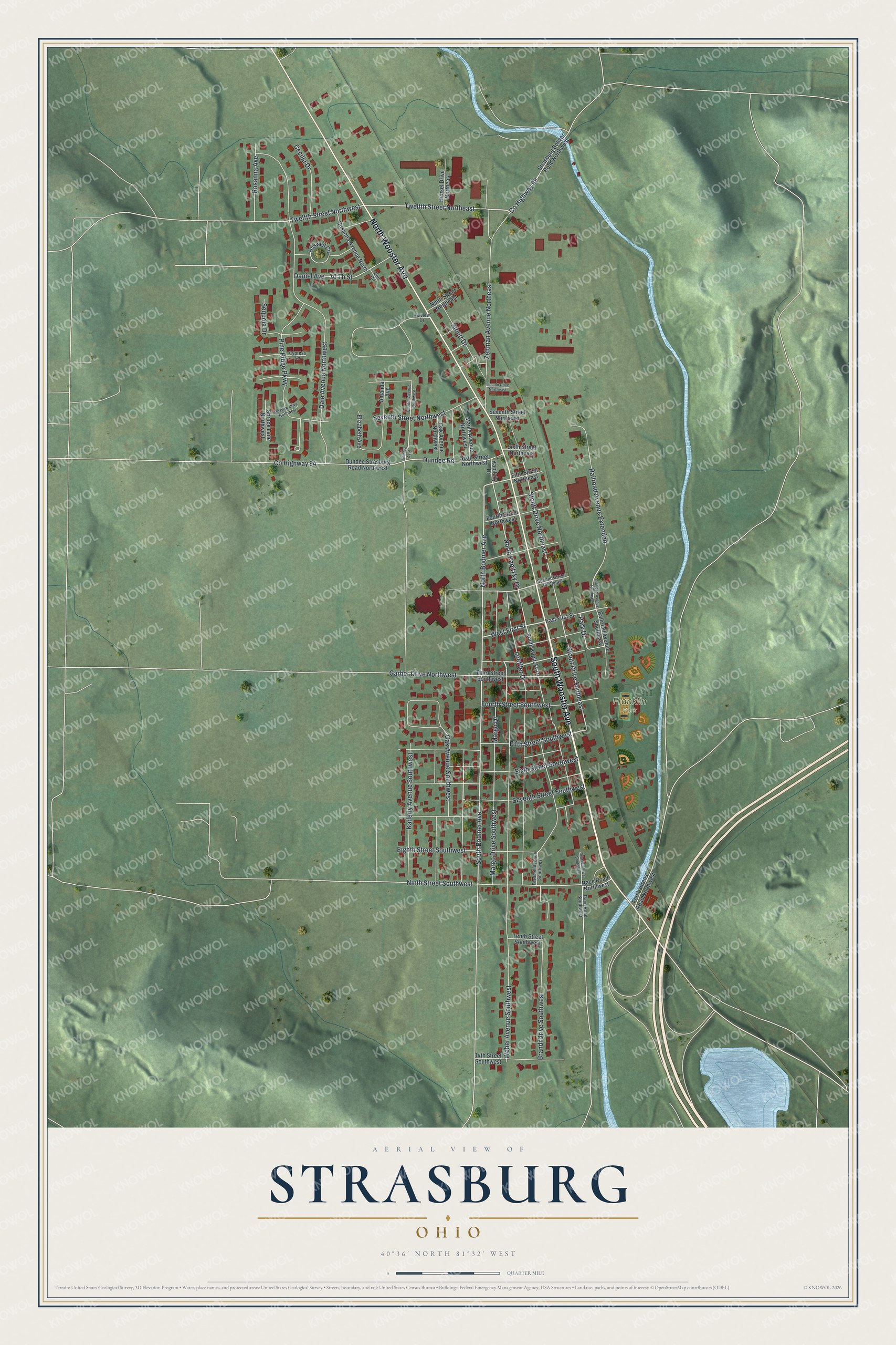 Full map of Strasburg, Ohio, with red buildings, printed street names and the land around them