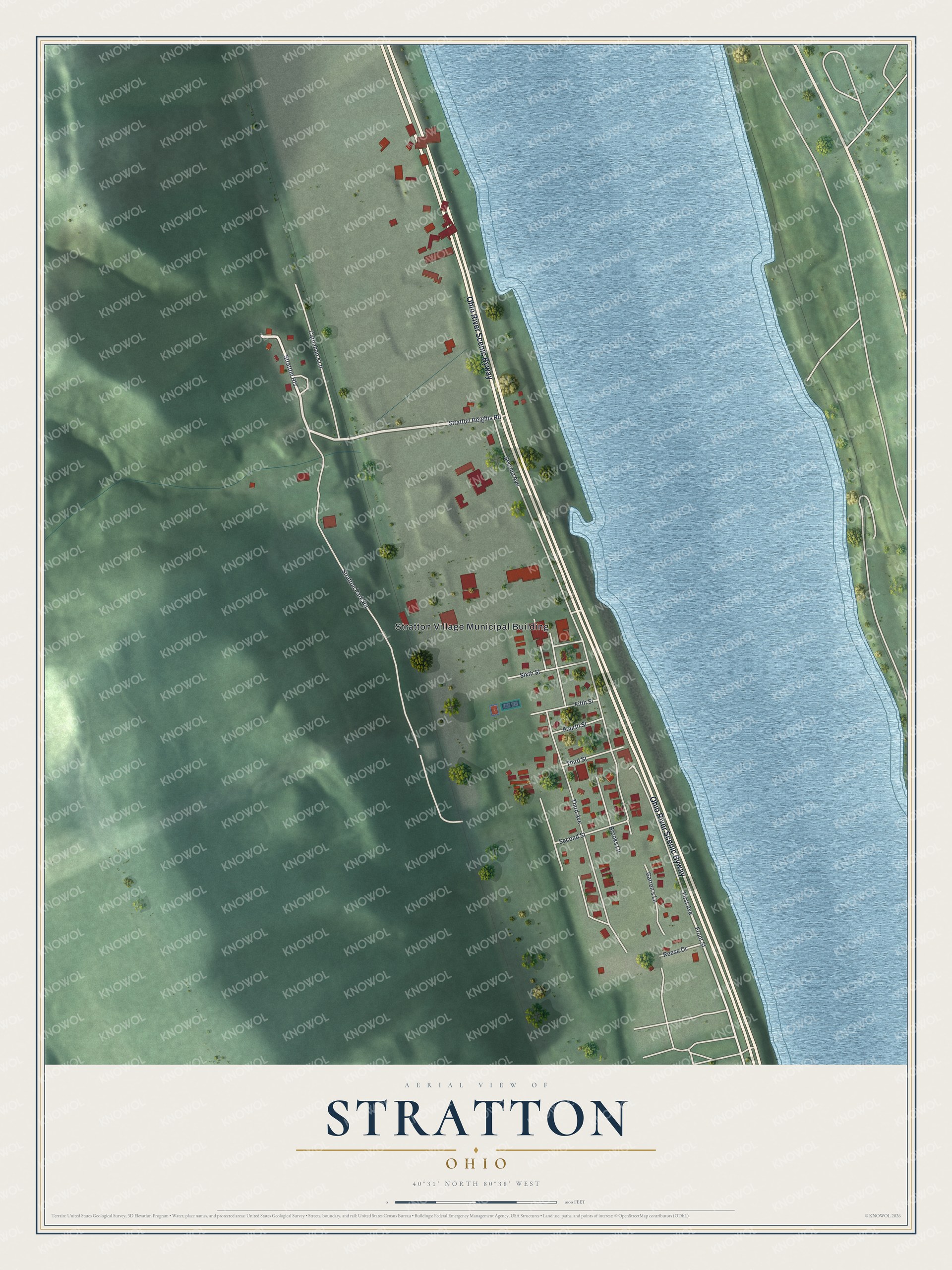 Full map of Stratton, Ohio, with red buildings, printed street names and the land around them
