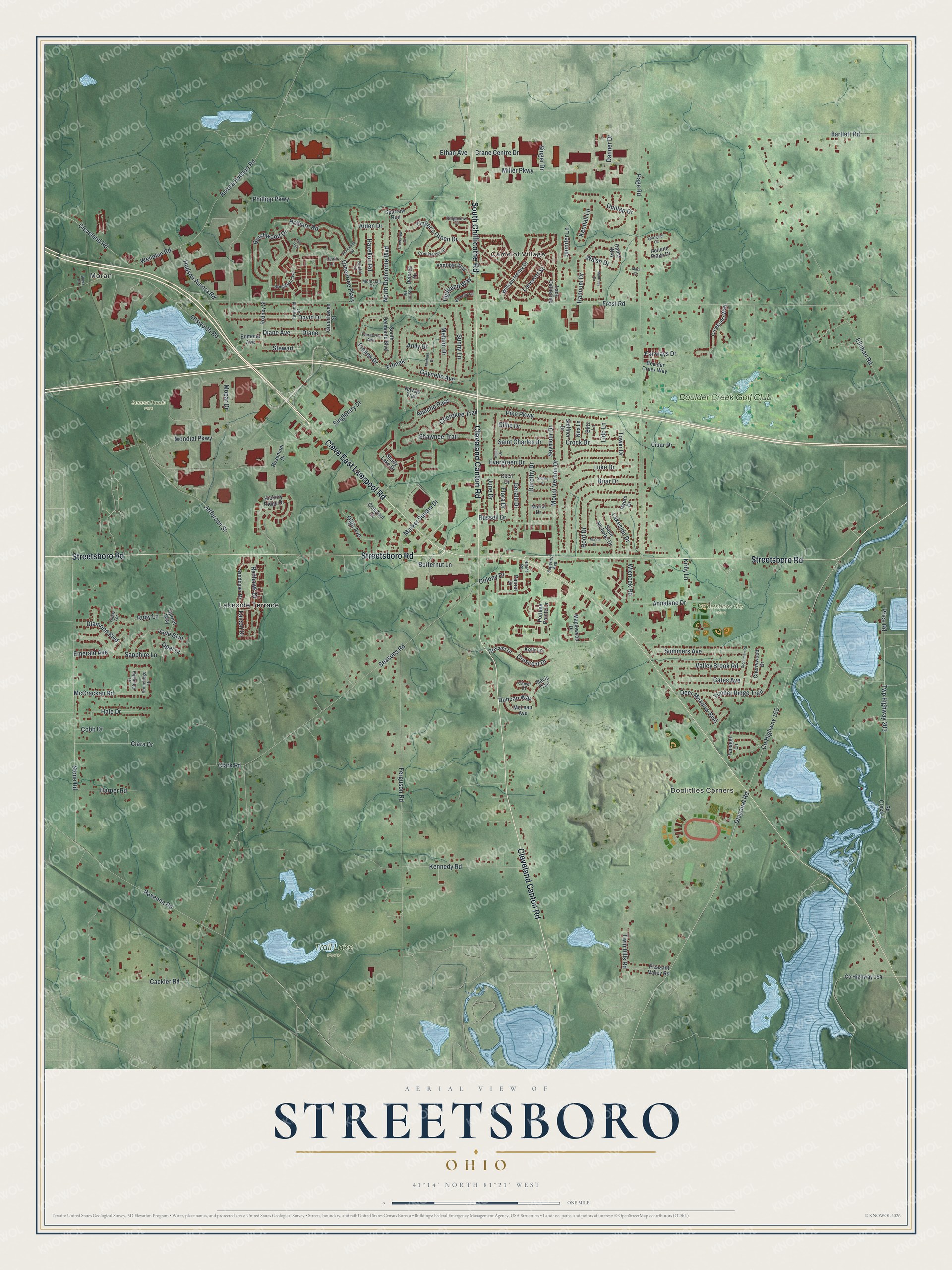 Full map of Streetsboro, Ohio, with red buildings, printed street names and the land around them