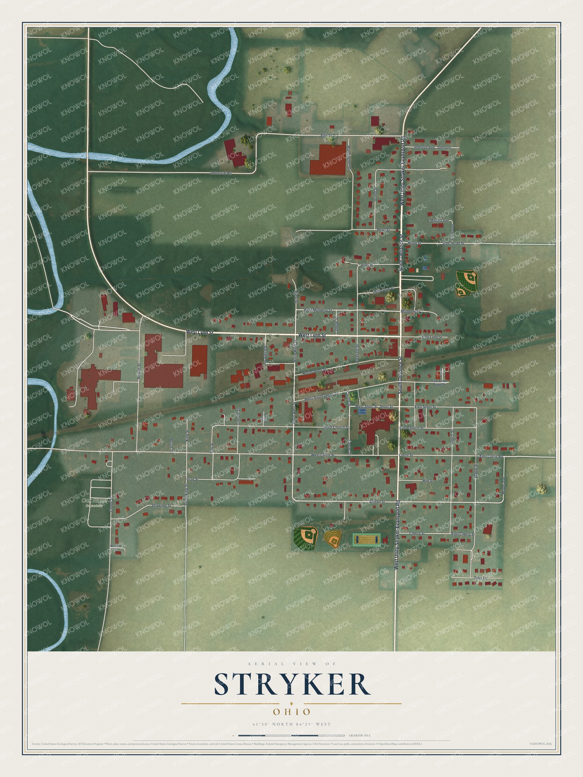 Aerial-style map of Stryker, Ohio with red buildings, white streets, a rail line crossing town and a winding blue creek on the left