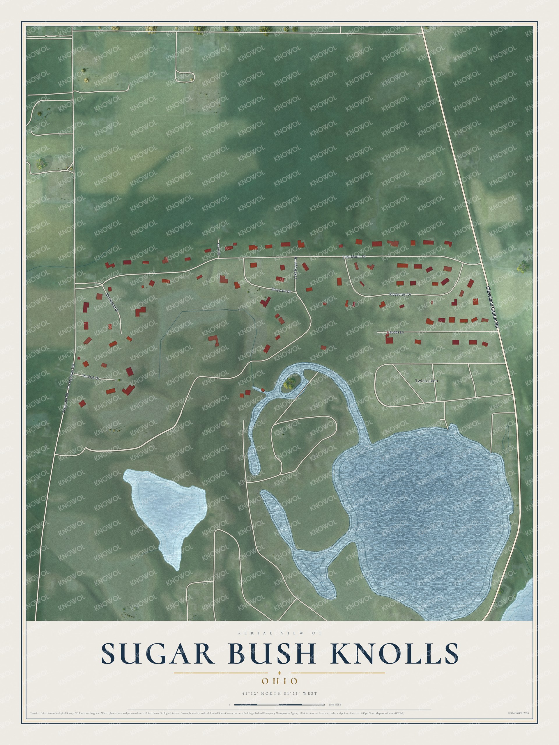 Full map of Sugar Bush Knolls, Ohio, with red buildings, printed street names and the land around them