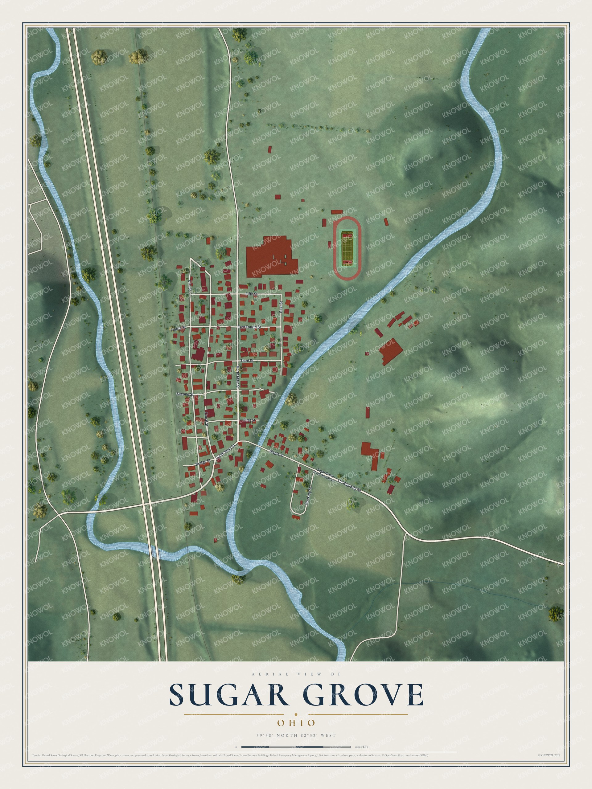 Full map of Sugar Grove, Ohio, with red buildings, printed street names and the land around them