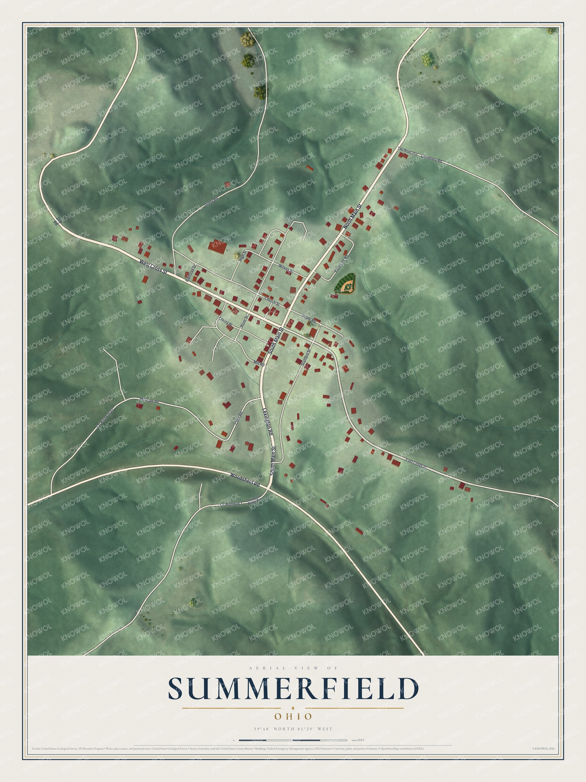 Full map of Summerfield, Ohio, with red buildings, printed street names and the land around them