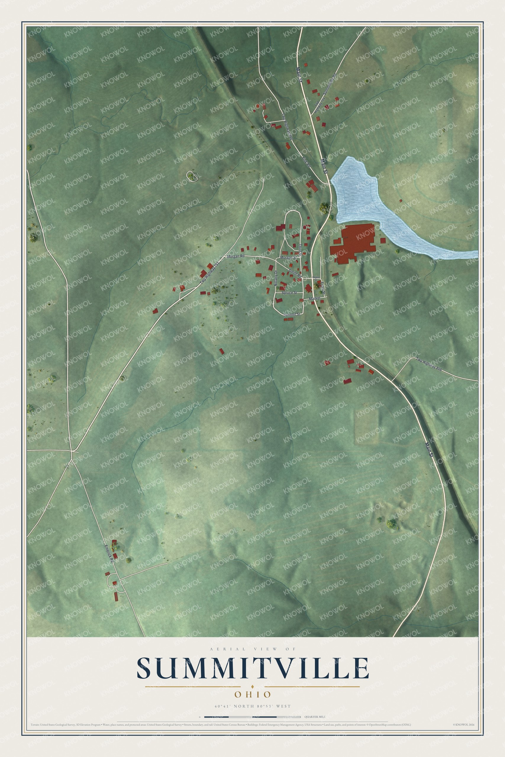 Full map of Summitville, Ohio, with red buildings, printed street names and the land around them