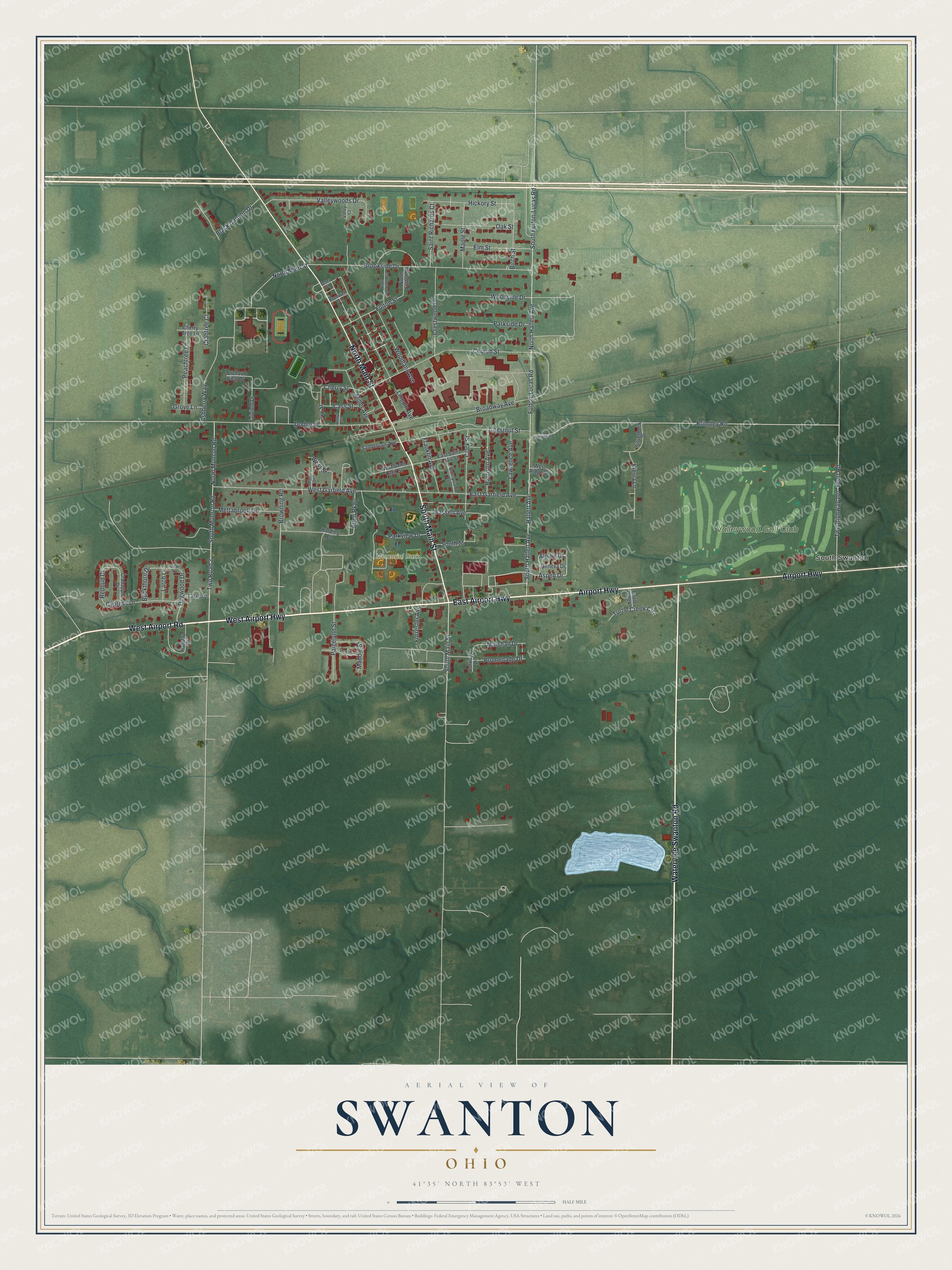 Full map of Swanton, Ohio, with red buildings, printed street names and the land around them