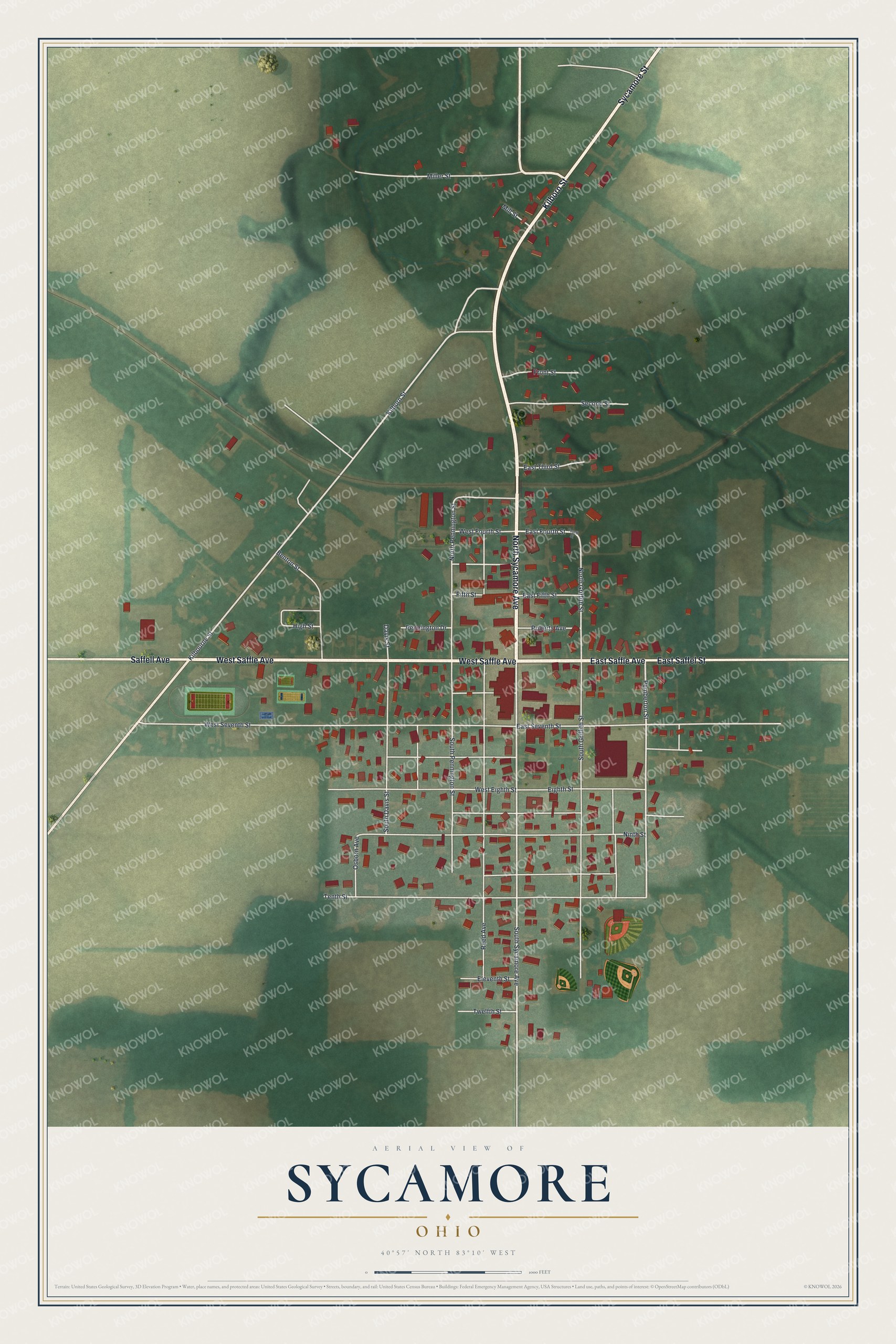 Full map of Sycamore, Ohio, with red buildings, printed street names and the land around them