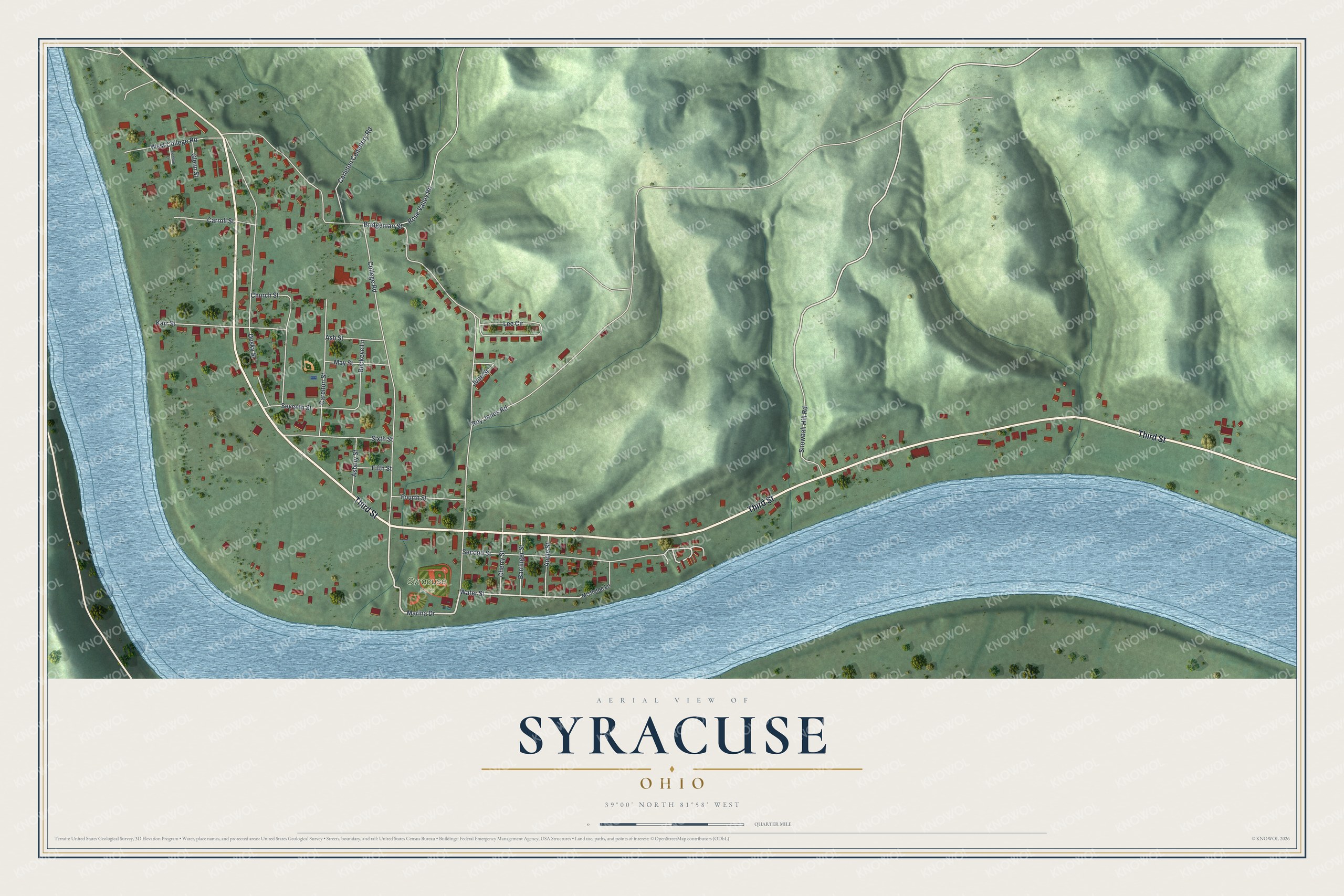 Full map of Syracuse, Ohio, with red buildings, printed street names and the land around them