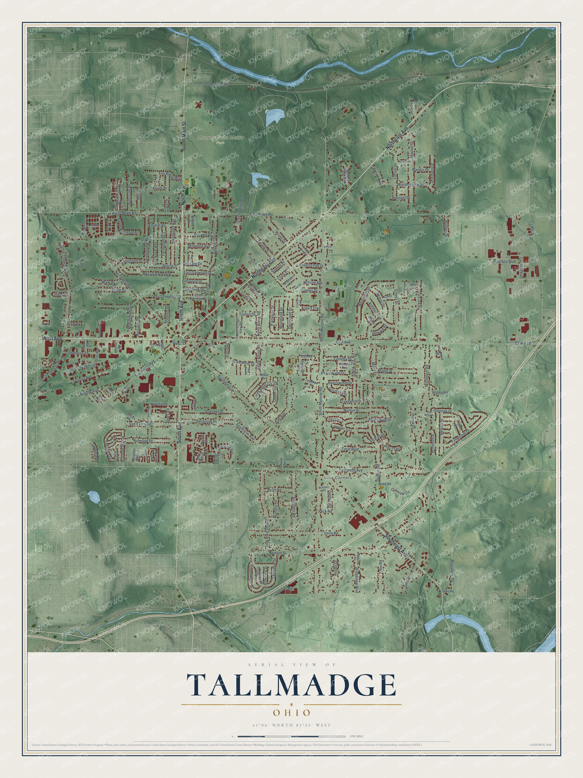 Aerial map of Tallmadge, Ohio with eight avenues spreading from a small circle, red buildings and green shaded hills