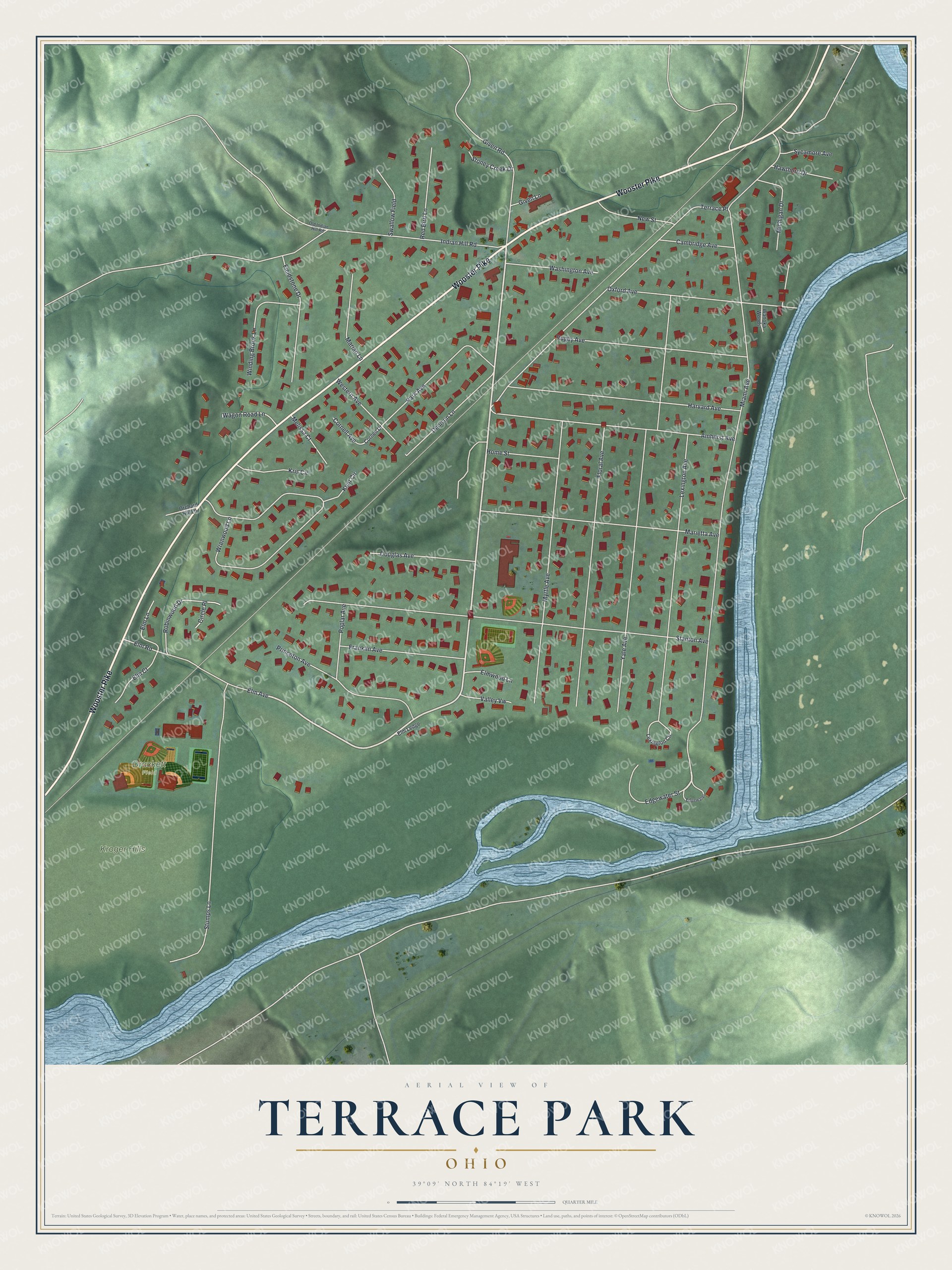 Full map of Terrace Park, Ohio, with red buildings, printed street names and the land around them