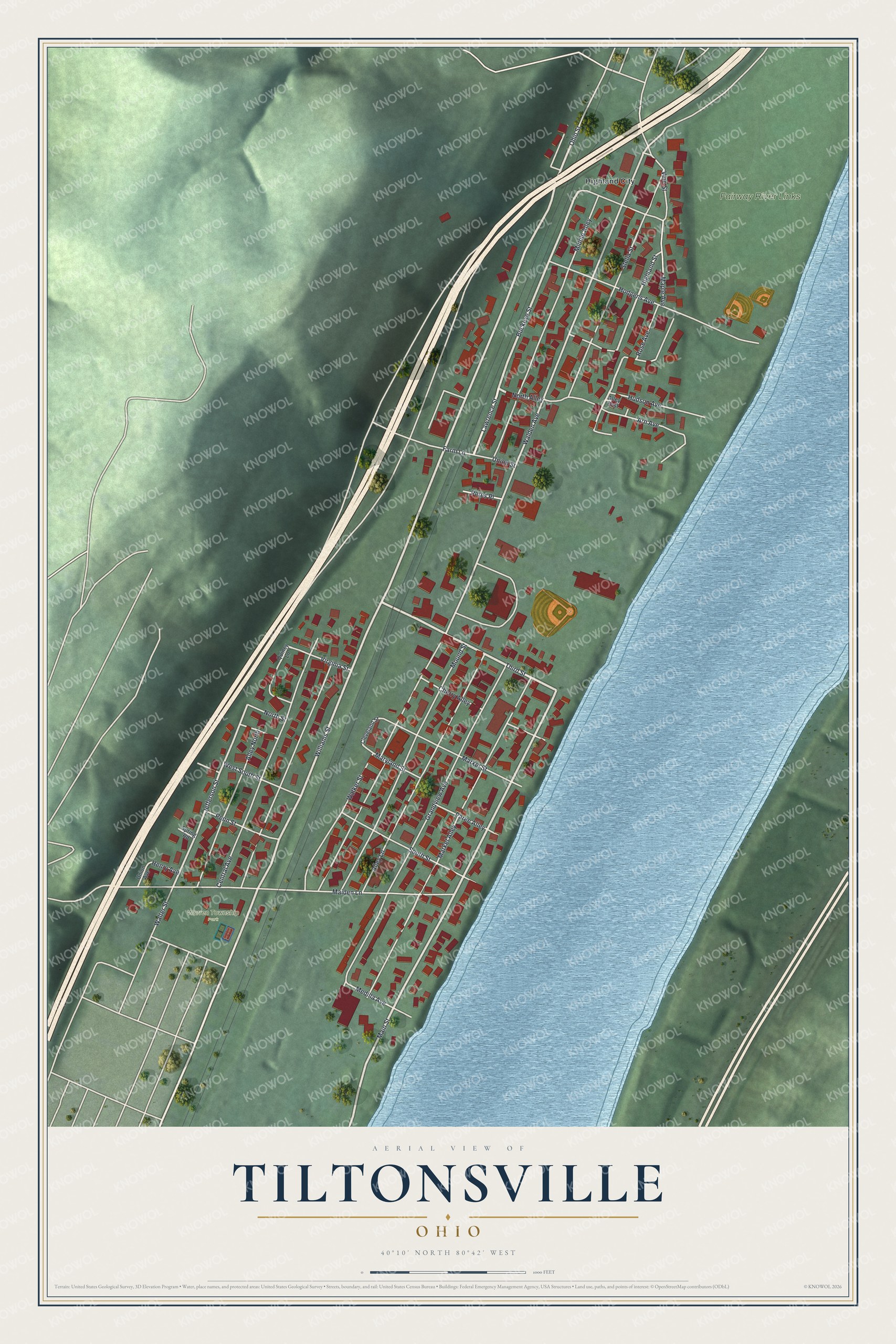 Full map of Tiltonsville, Ohio, with red buildings, printed street names and the land around them
