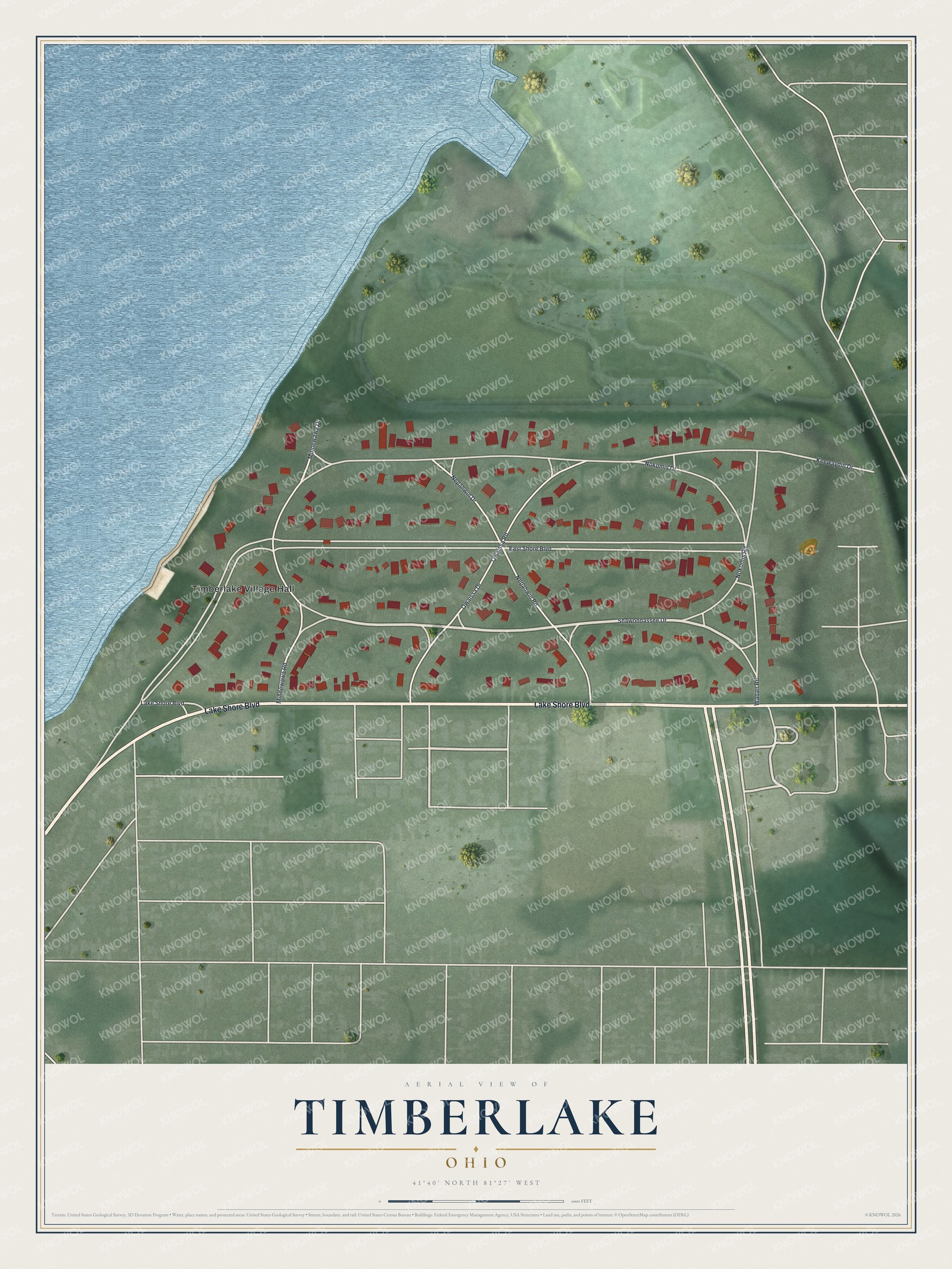 Full map of Timberlake, Ohio, with red buildings, printed street names and the land around them