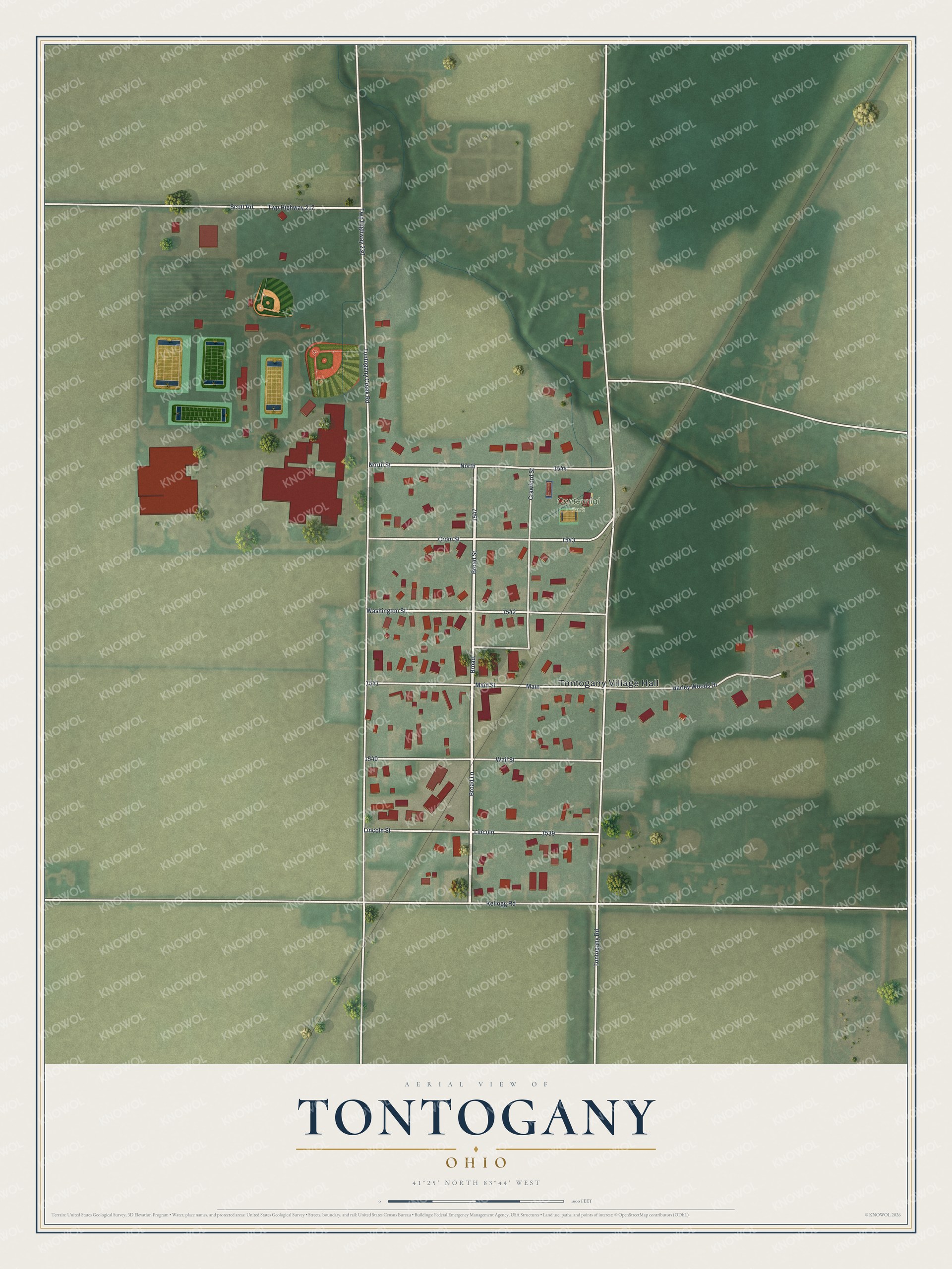 Full map of Tontogany, Ohio, with red buildings, printed street names and the land around them